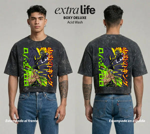 Playera streetwear premium de anime y gaming ExtraLife MX, corte boxy deluxe mineral wash heavyweight en color Acid Wash, moda urbana mexicana de culto.