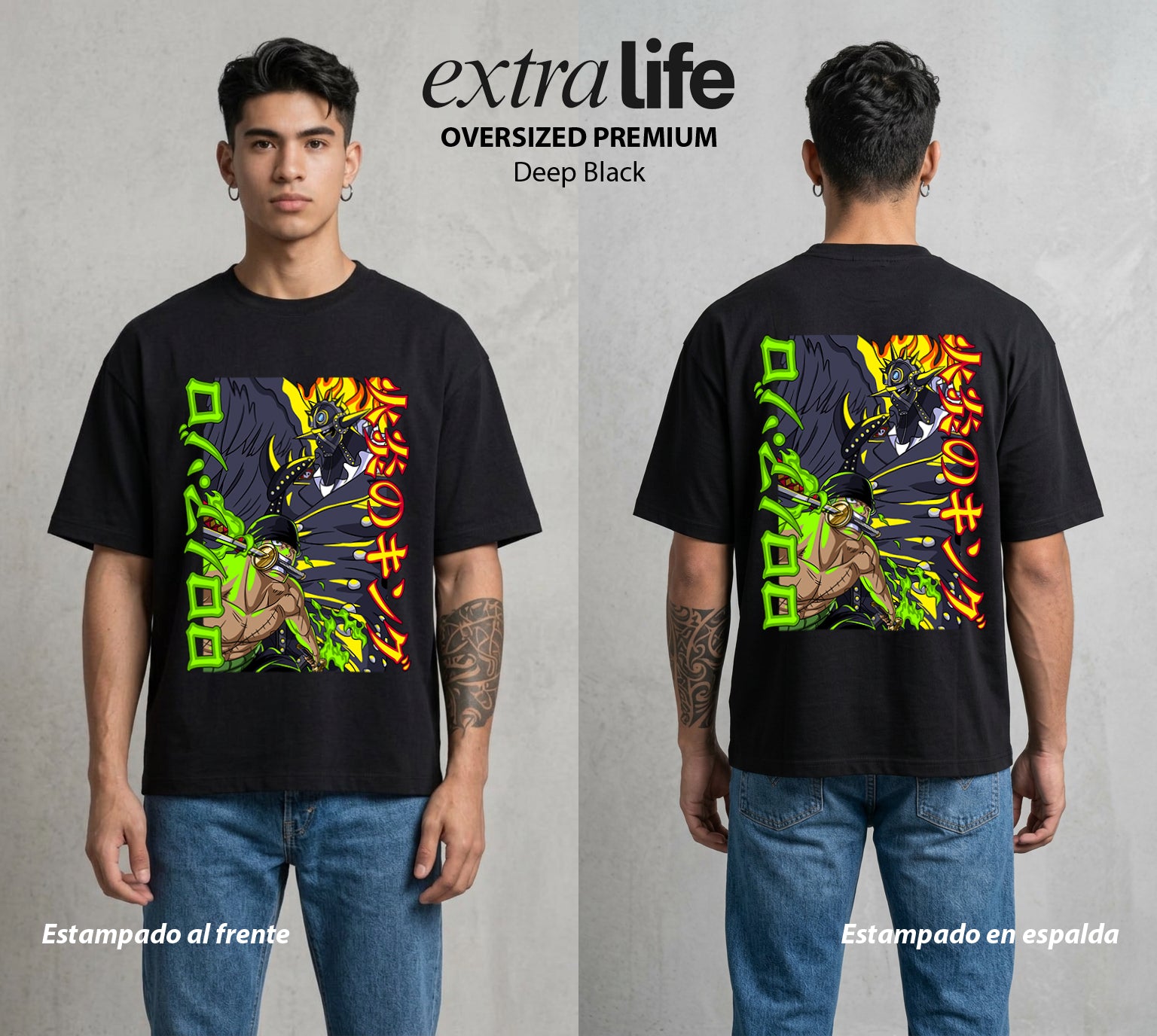 Mar de los Piratas | Tres Espadas #03401 - Playera Oversized Premium | Deep Black - Foto en modelo