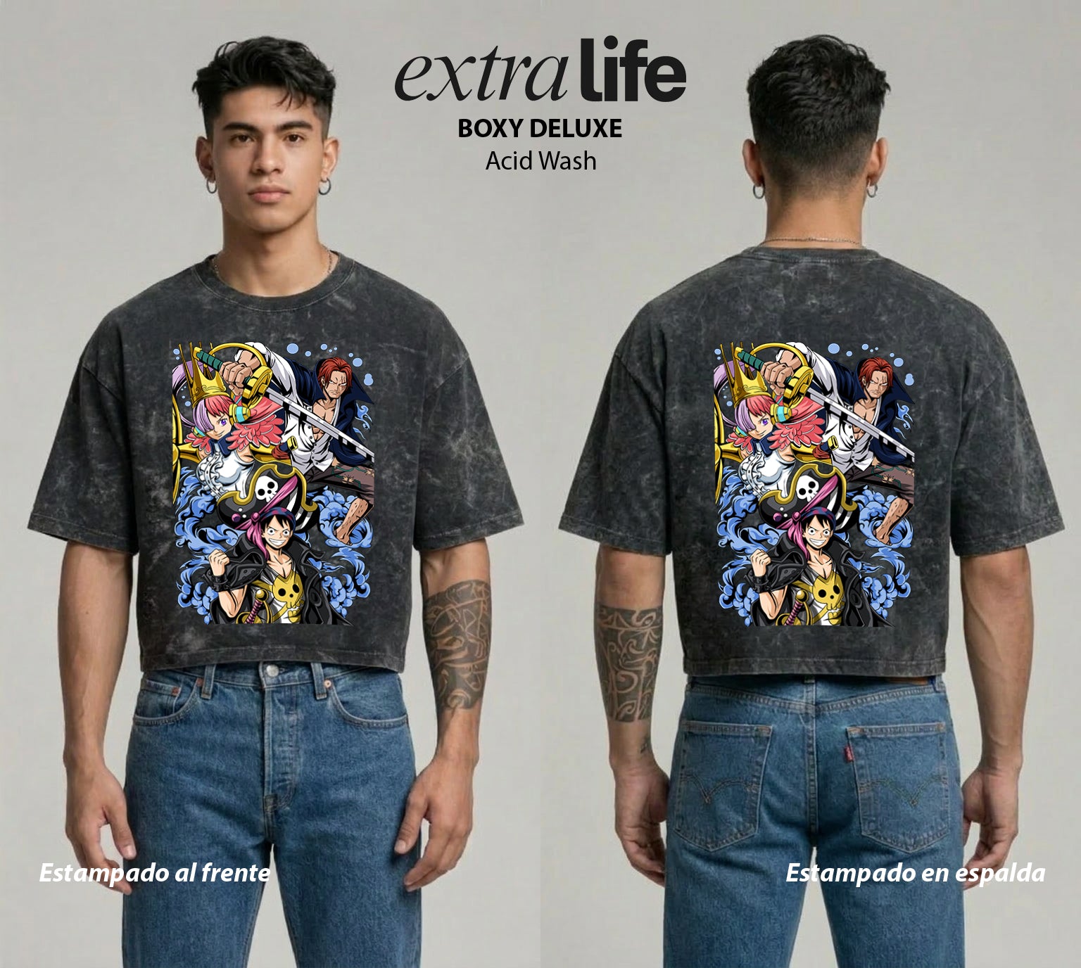 Playera streetwear premium de anime y gaming ExtraLife MX, corte boxy deluxe mineral wash heavyweight en color Acid Wash, moda urbana mexicana de culto.
