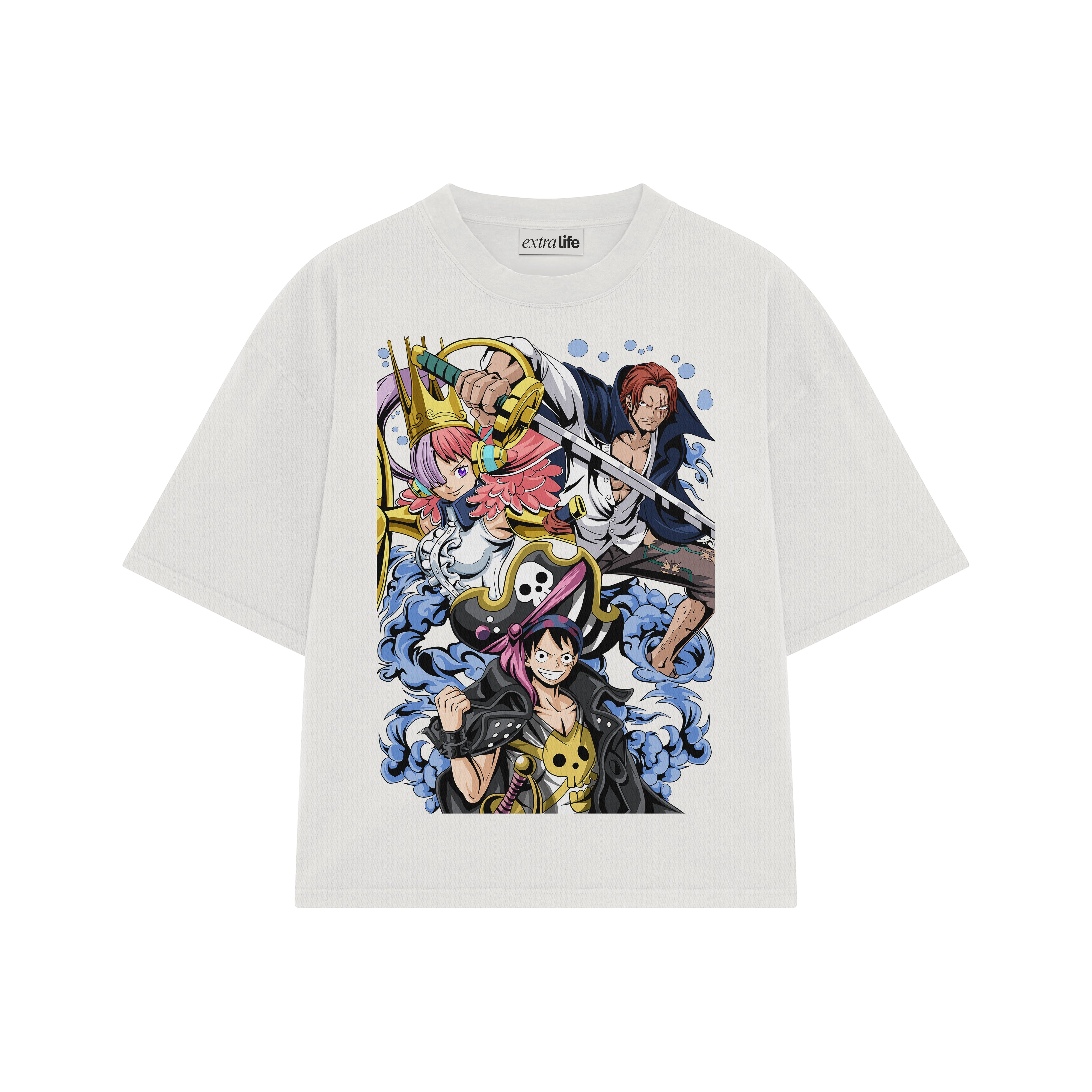 Playera streetwear premium de anime y gaming ExtraLife MX, corte boxy oversized drop shoulder heavyweight en color Deep Black y Off-White, moda urbana mexicana de culto.