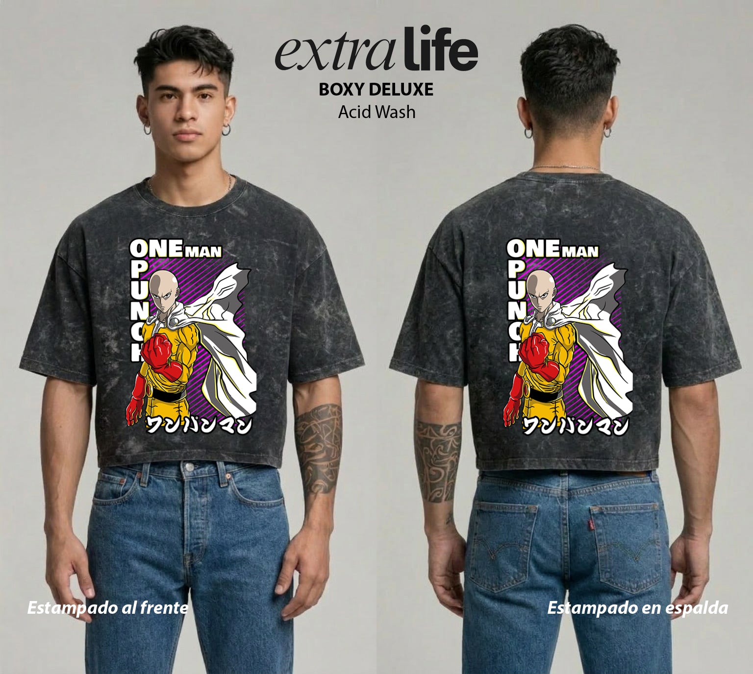 Playera streetwear premium de anime y gaming ExtraLife MX, corte boxy deluxe mineral wash heavyweight en color Acid Wash, moda urbana mexicana de culto.