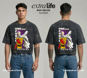 Playera streetwear premium de anime y gaming ExtraLife MX, corte boxy deluxe mineral wash heavyweight en color Acid Wash, moda urbana mexicana de culto.