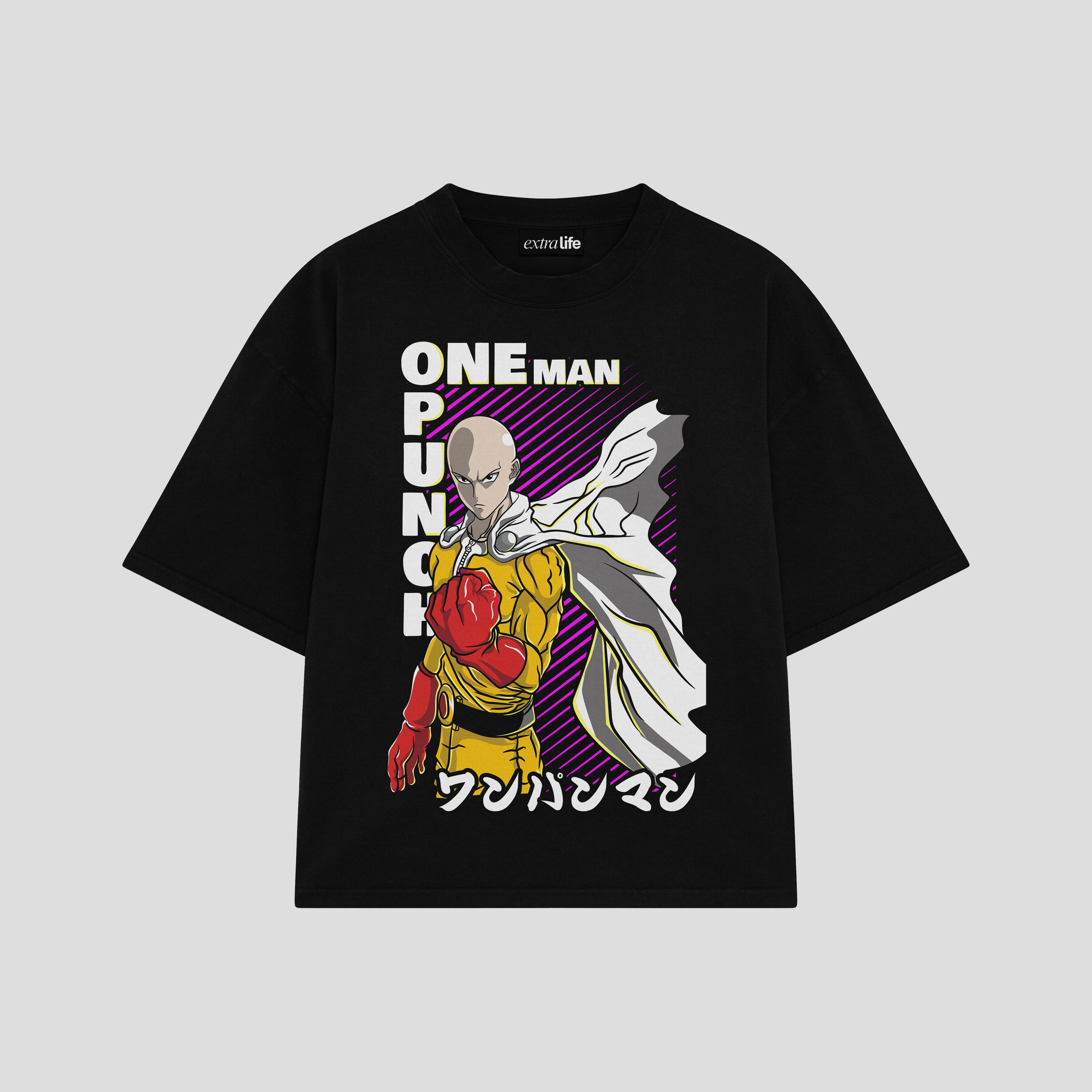 Playera streetwear premium de anime y gaming ExtraLife MX, corte boxy oversized drop shoulder heavyweight en color Deep Black y Off-White, moda urbana mexicana de culto.