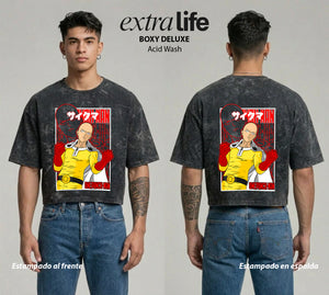 Playera streetwear premium de anime y gaming ExtraLife MX, corte boxy deluxe mineral wash heavyweight en color Acid Wash, moda urbana mexicana de culto.