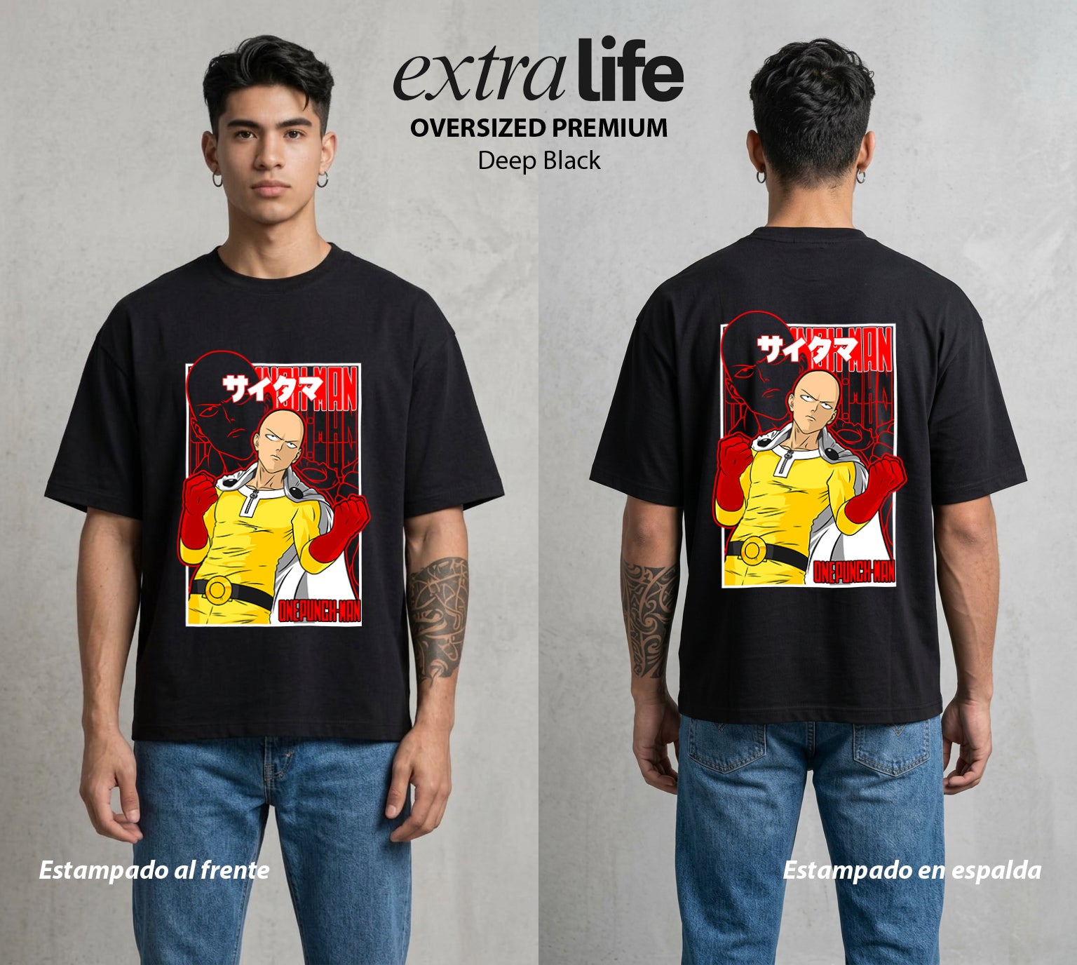 El Heroe del Un Golpe | Un Golpe y Listo #03410 - Playera Oversized Premium | Deep Black - Foto en modelo