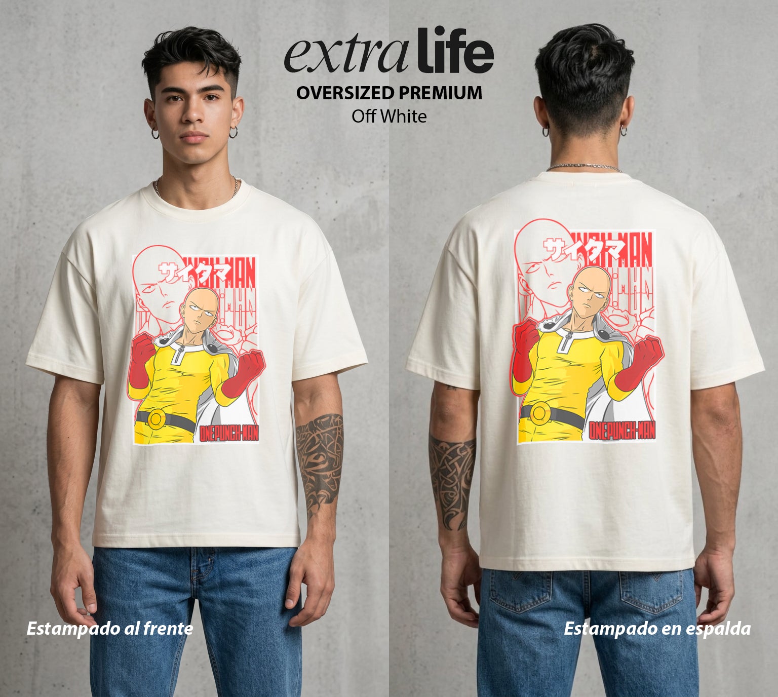 El Heroe del Un Golpe | Un Golpe y Listo #03410 - Playera Oversized Premium | Off White - Foto en modelo