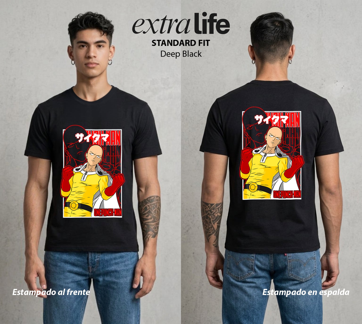 El Heroe del Un Golpe | Un Golpe y Listo #03410 - Playera Standard Fit | Deep Black - Foto en modelo
