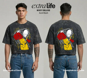 Playera streetwear premium de anime y gaming ExtraLife MX, corte boxy deluxe mineral wash heavyweight en color Acid Wash, moda urbana mexicana de culto.