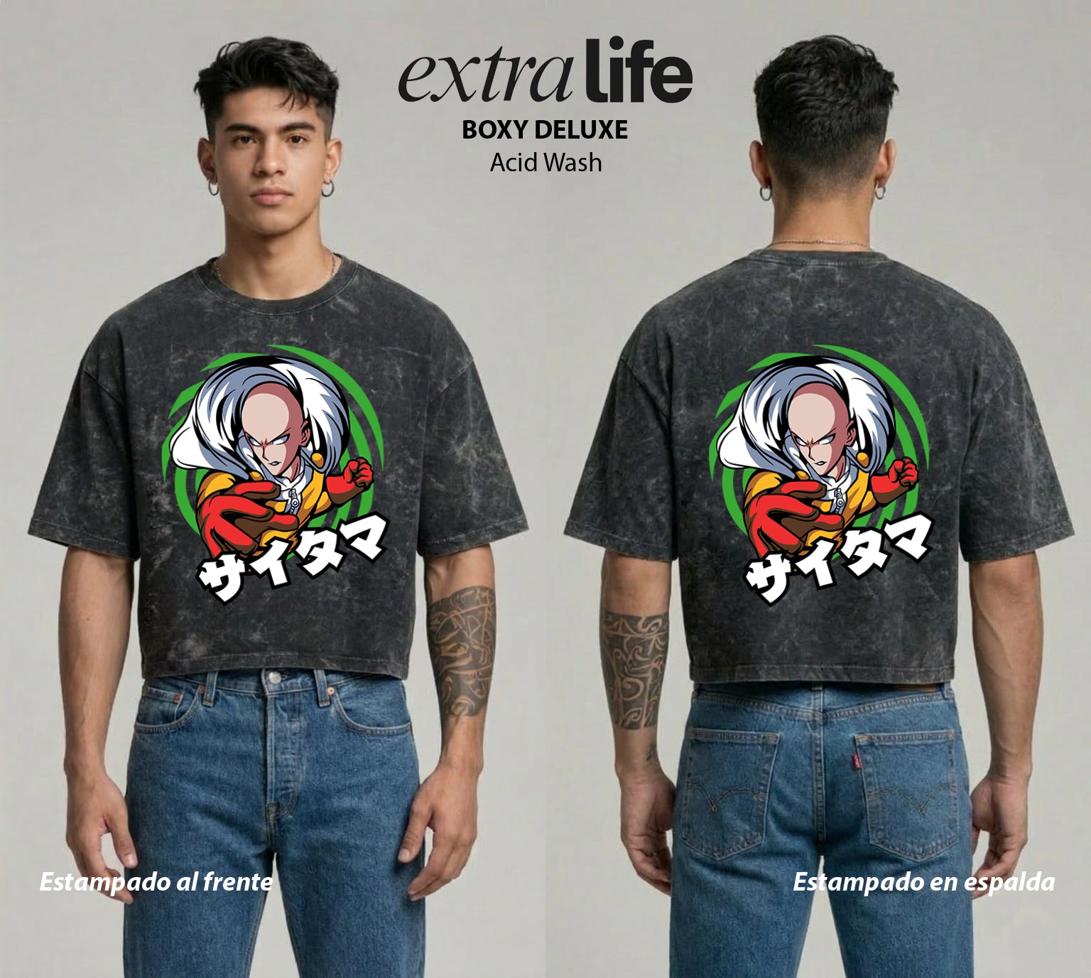 Playera streetwear premium de anime y gaming ExtraLife MX, corte boxy deluxe mineral wash heavyweight en color Acid Wash, moda urbana mexicana de culto.
