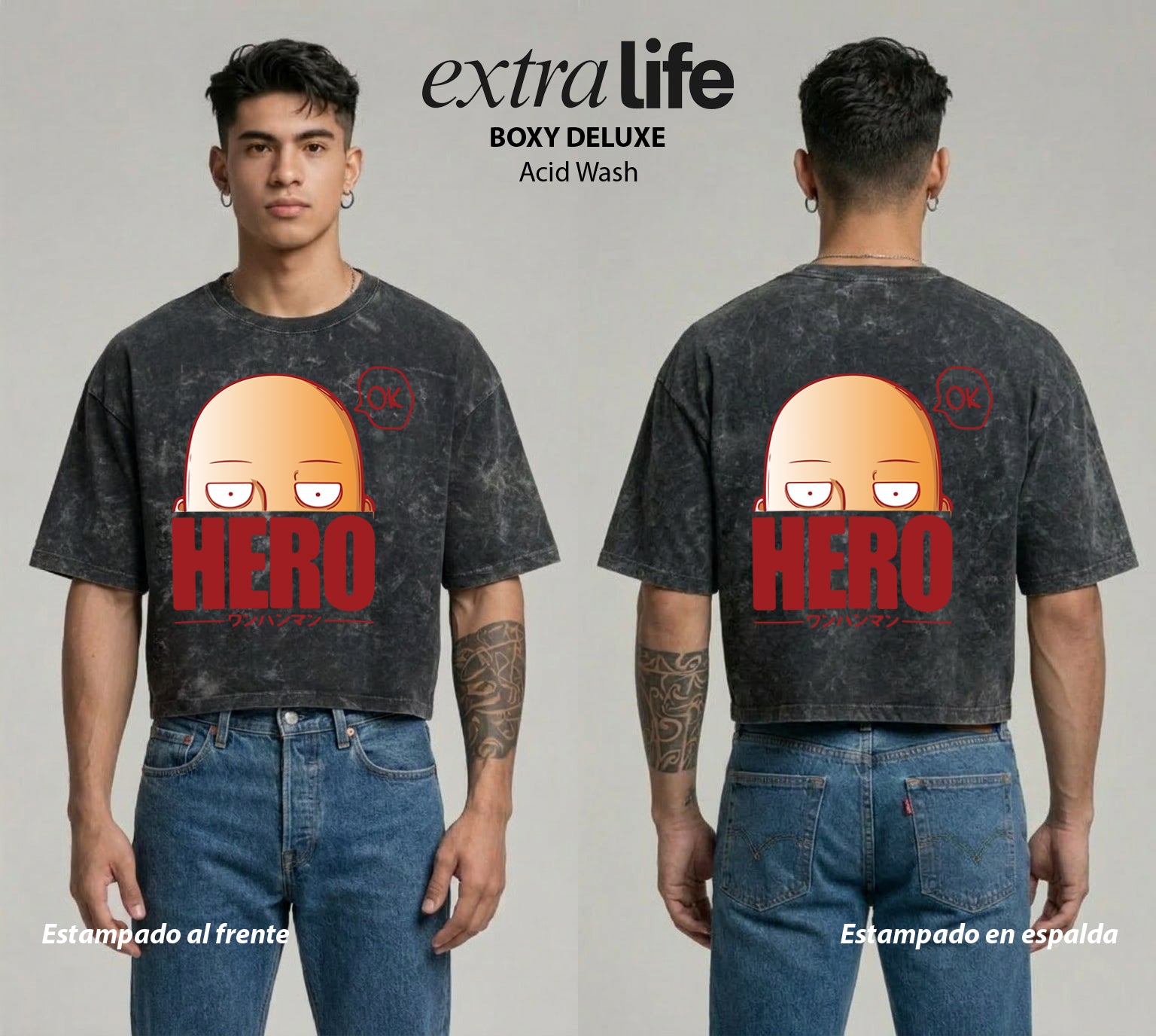 Playera streetwear premium de anime y gaming ExtraLife MX, corte boxy deluxe mineral wash heavyweight en color Acid Wash, moda urbana mexicana de culto.