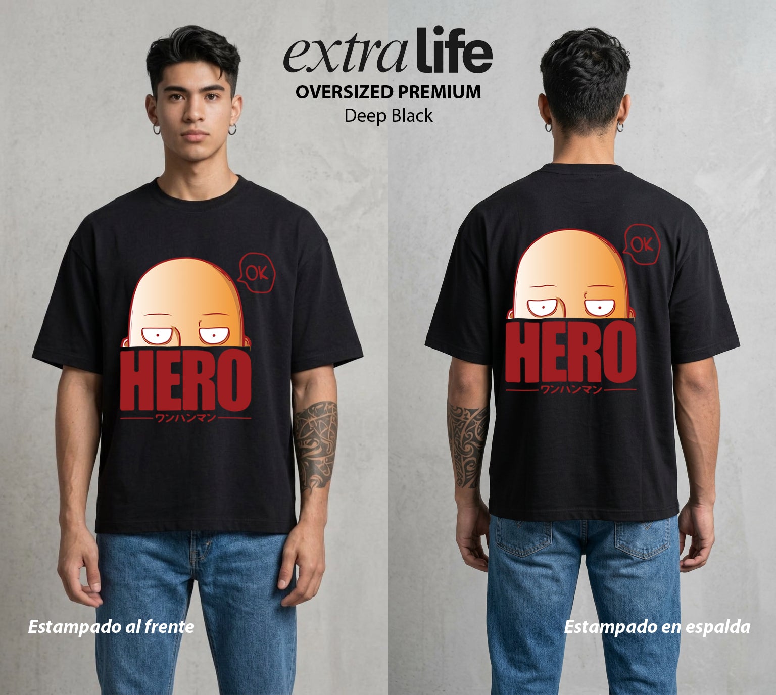 El Heroe del Un Golpe | El Heroe por Hobby #03414 - Playera Oversized Premium | Deep Black - Foto en modelo