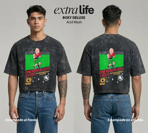 Playera streetwear premium de anime y gaming ExtraLife MX, corte boxy deluxe mineral wash heavyweight en color Acid Wash, moda urbana mexicana de culto.