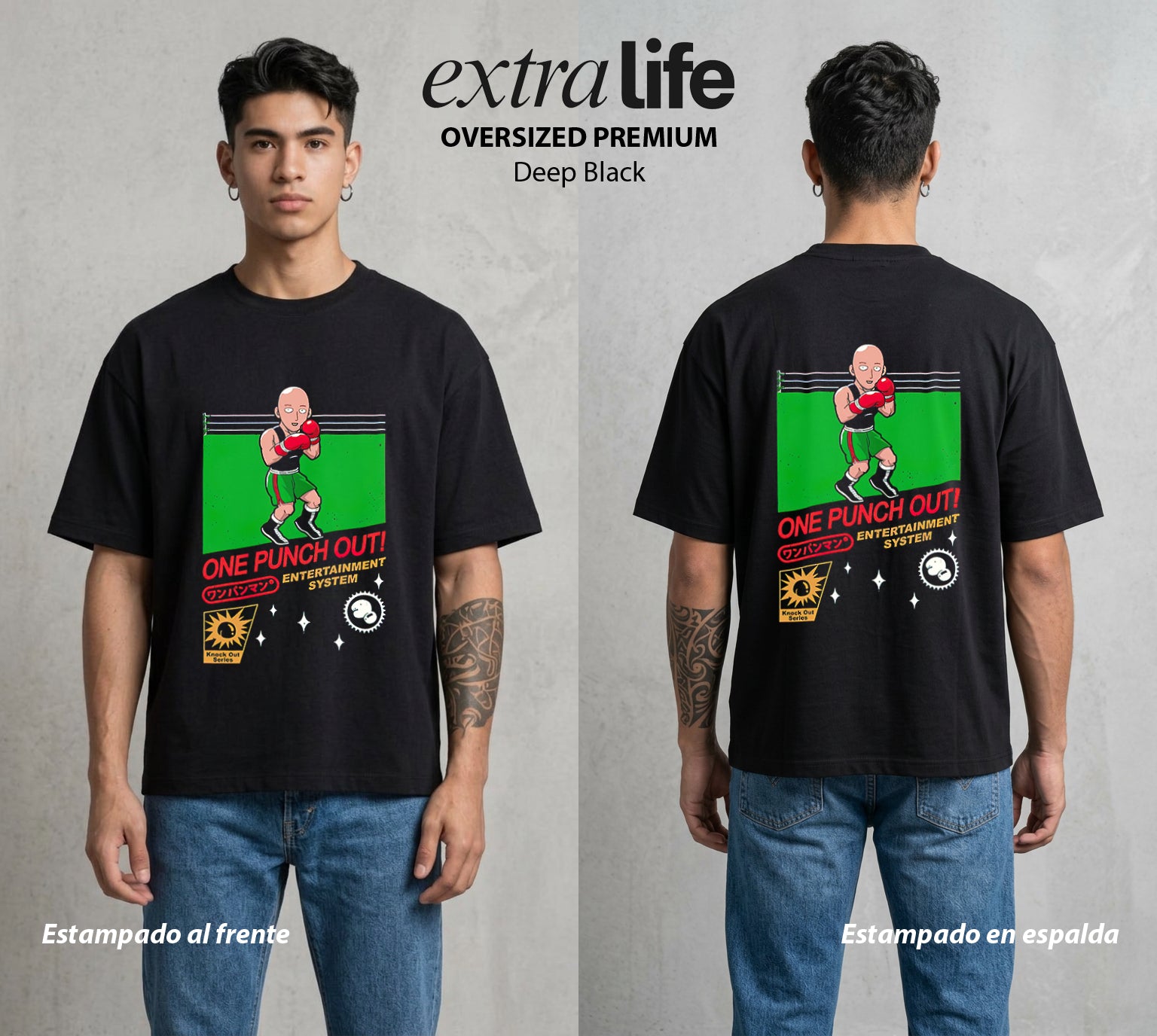 El Heroe del Un Golpe | El Heroe del Un Golpe Un Golpe #03416 - Playera Oversized Premium | Deep Black - Foto en modelo