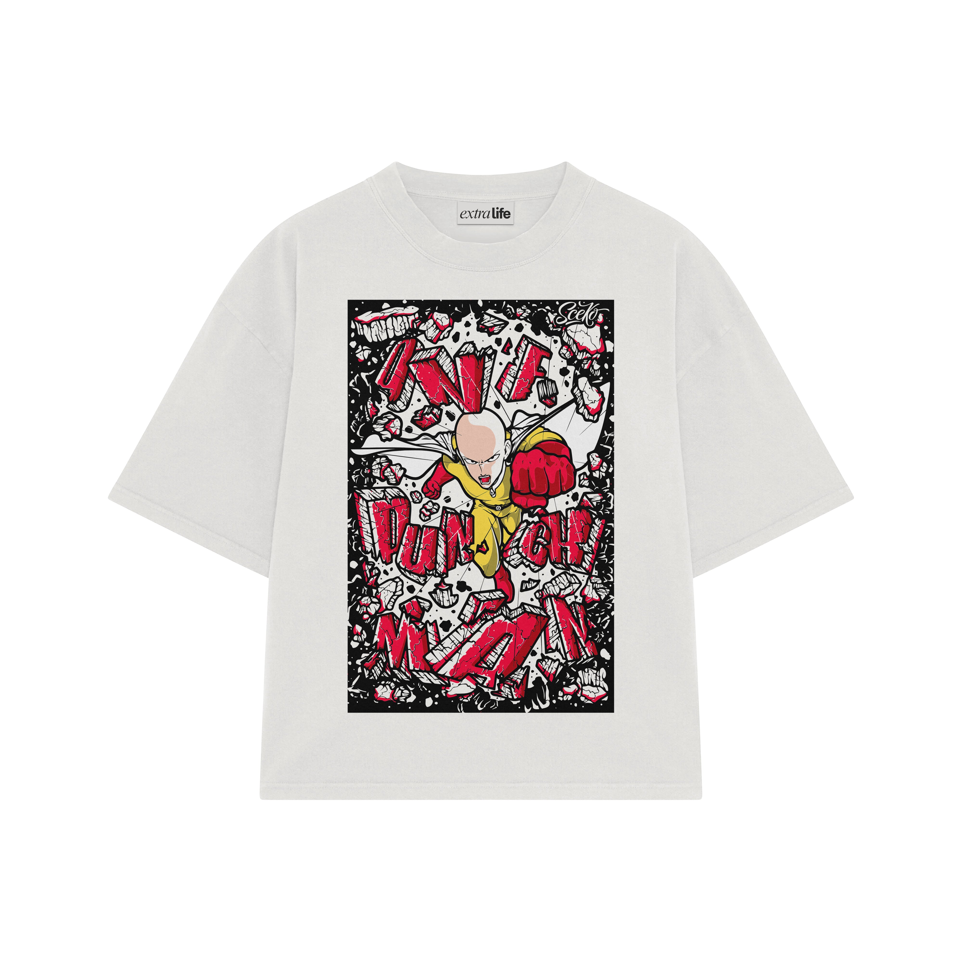 Playera streetwear premium de anime y gaming ExtraLife MX, corte boxy oversized drop shoulder heavyweight en color Deep Black y Off-White, moda urbana mexicana de culto.