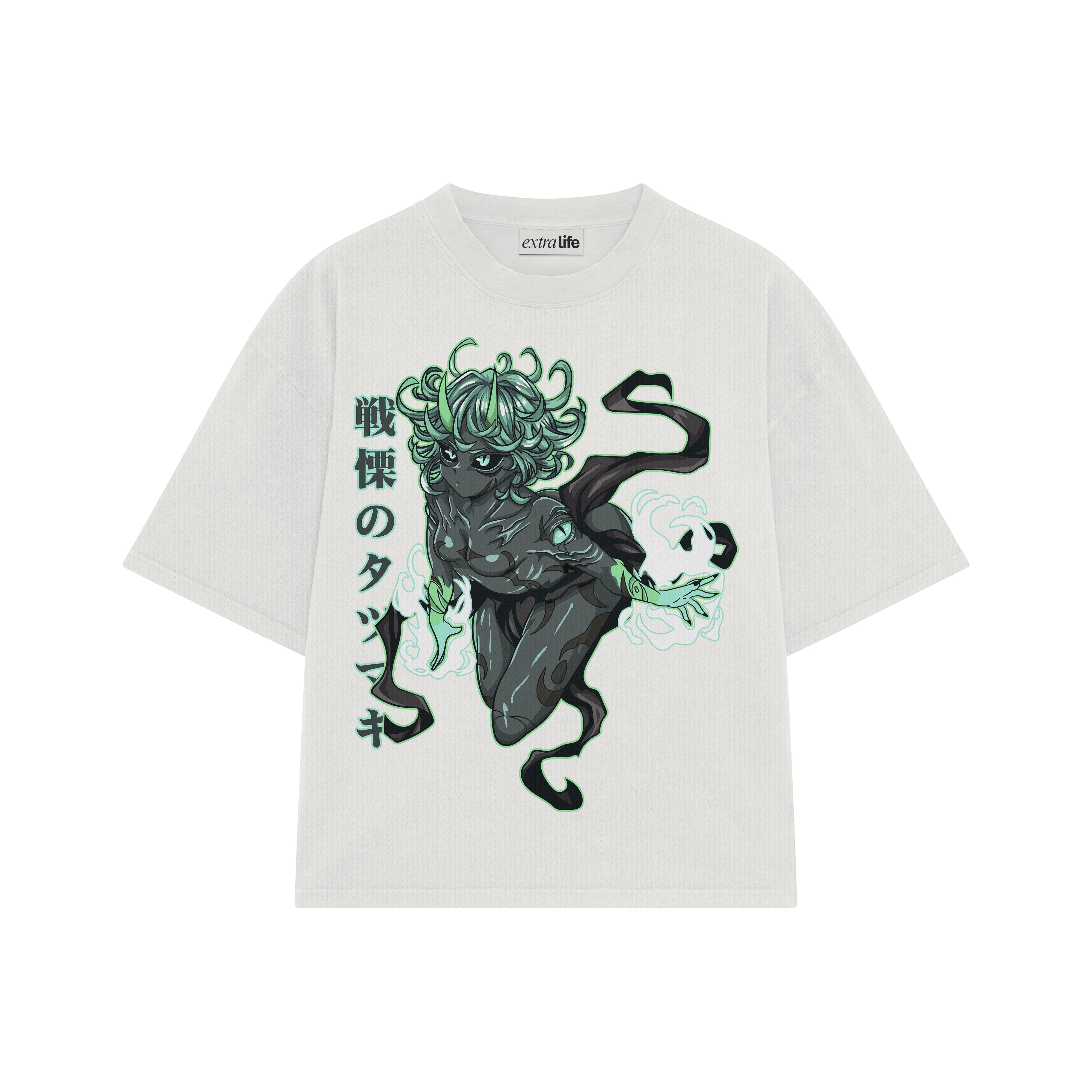 Playera streetwear premium de anime y gaming ExtraLife MX, corte boxy oversized drop shoulder heavyweight en color Deep Black y Off-White, moda urbana mexicana de culto.