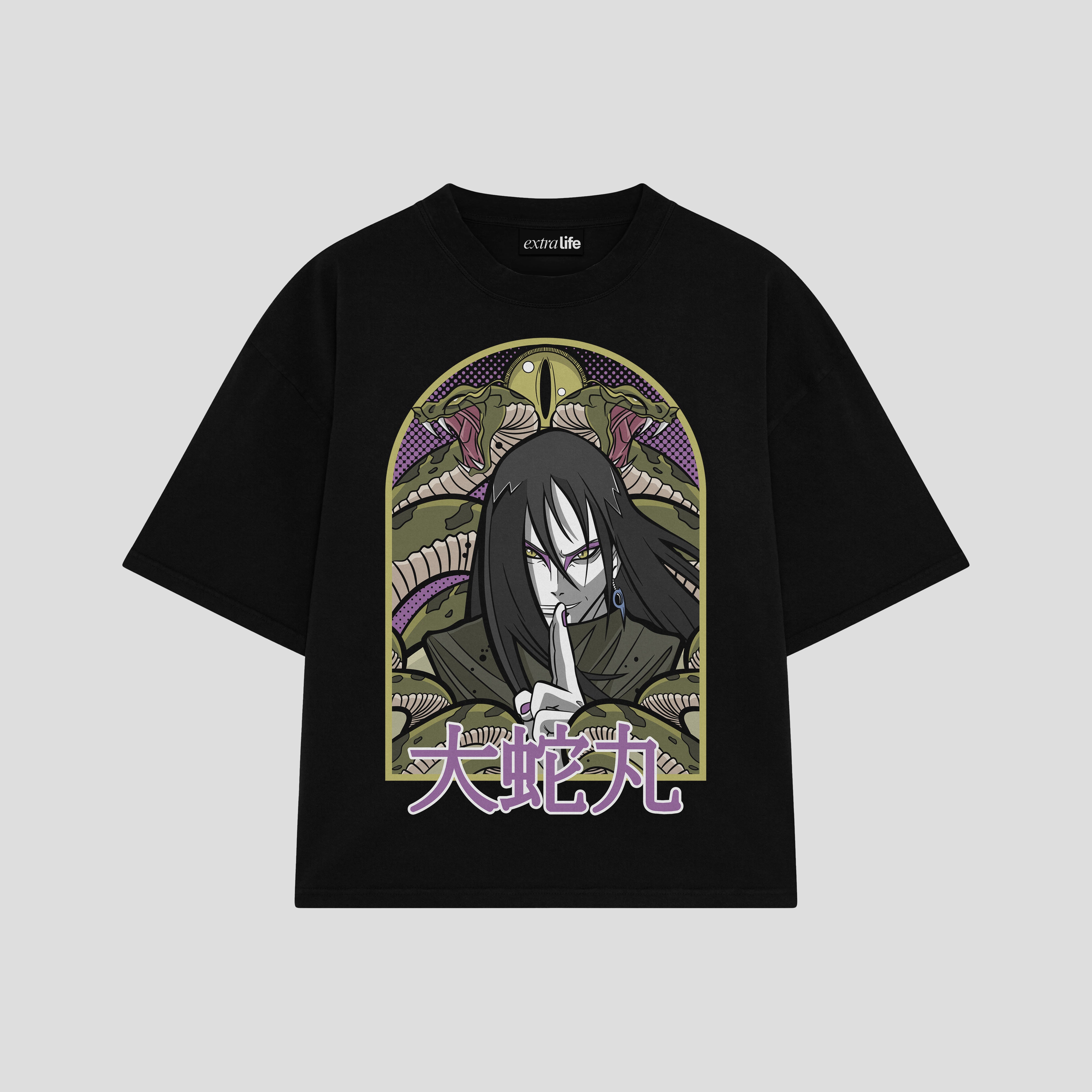 Playera streetwear premium de anime y gaming ExtraLife MX, corte boxy oversized drop shoulder heavyweight en color Deep Black y Off-White, moda urbana mexicana de culto.