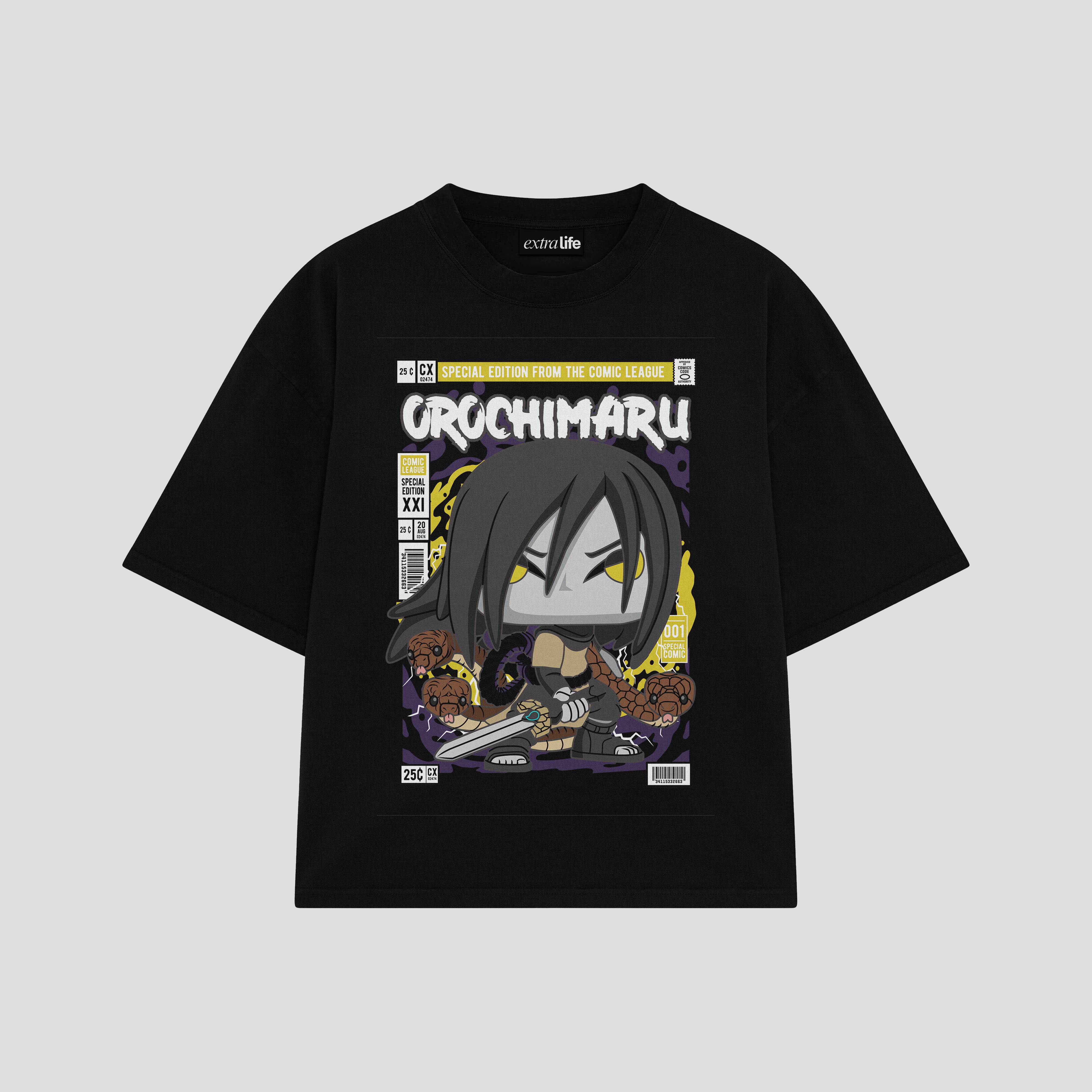 Playera streetwear premium de anime y gaming ExtraLife MX, corte boxy oversized drop shoulder heavyweight en color Deep Black y Off-White, moda urbana mexicana de culto.