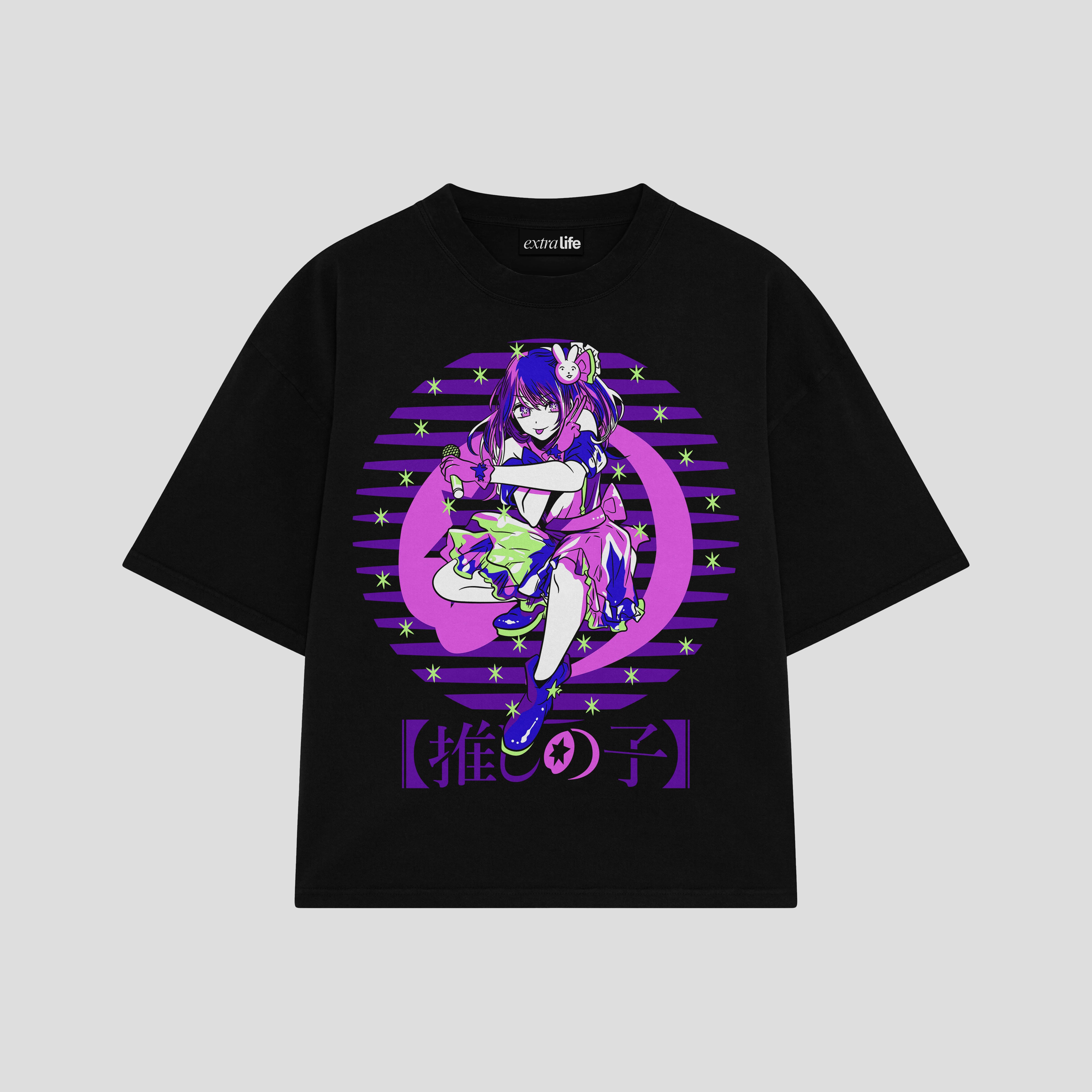 Playera streetwear premium de anime y gaming ExtraLife MX, corte boxy oversized drop shoulder heavyweight en color Deep Black y Off-White, moda urbana mexicana de culto.
