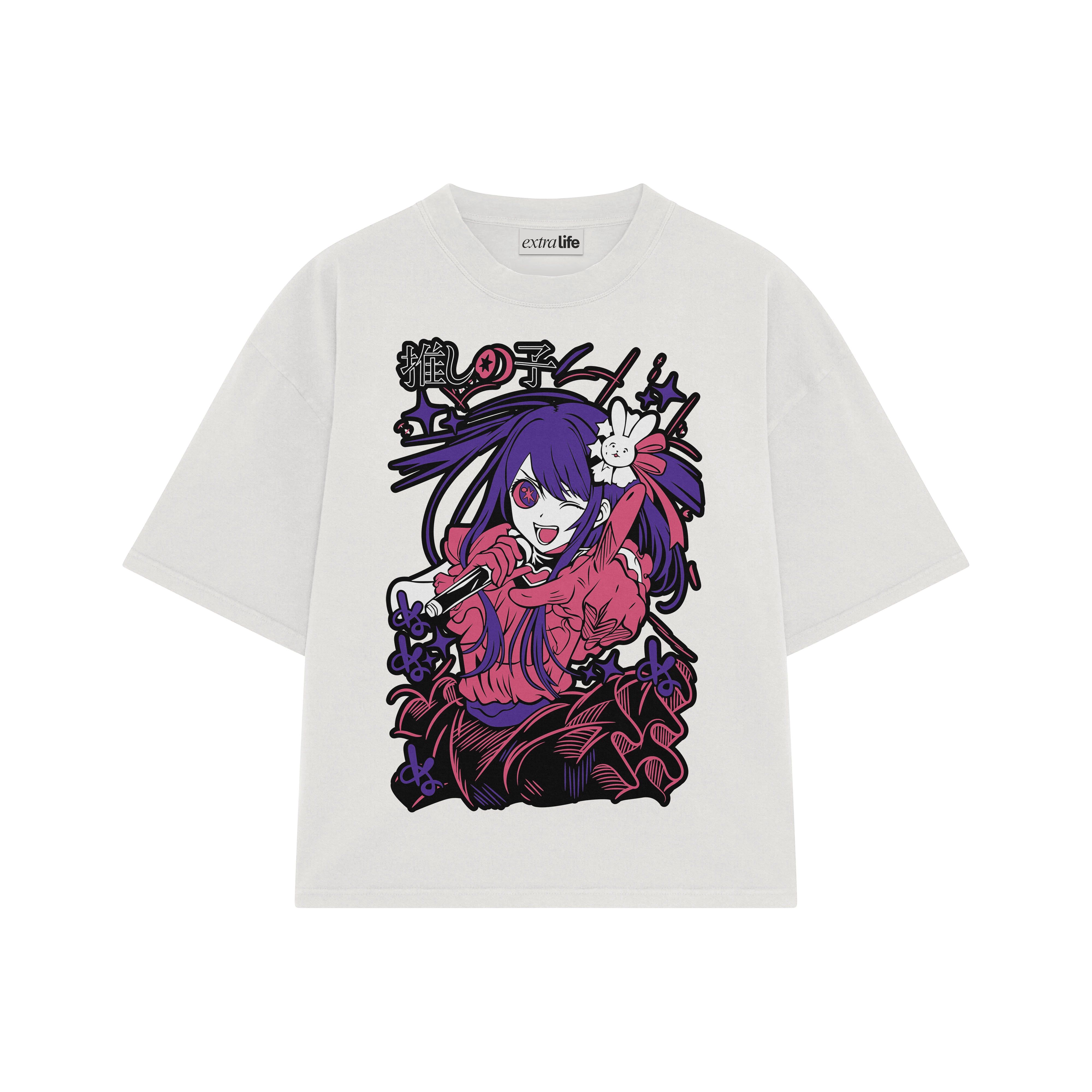 Playera streetwear premium de anime y gaming ExtraLife MX, corte boxy oversized drop shoulder heavyweight en color Deep Black y Off-White, moda urbana mexicana de culto.