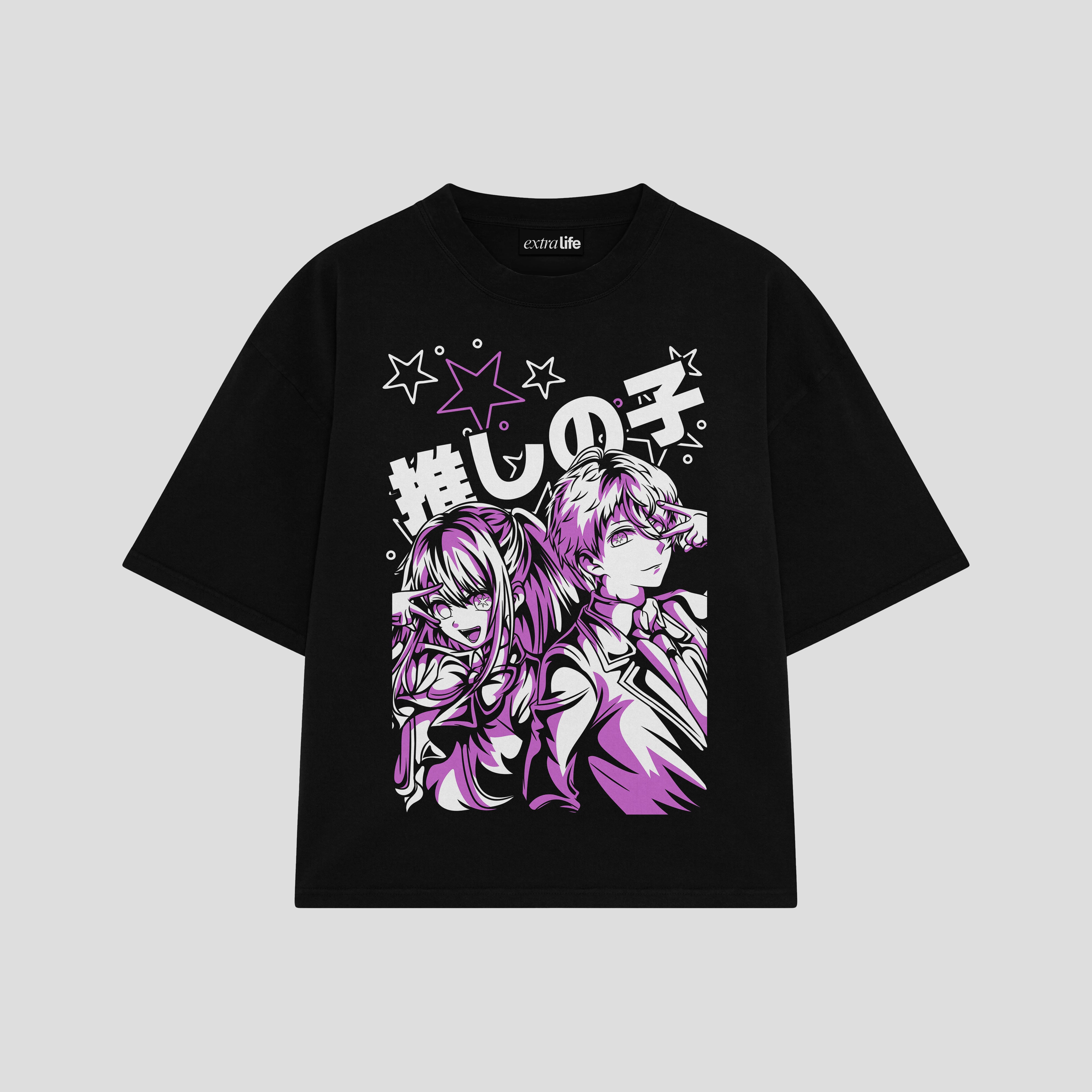 Playera streetwear premium de anime y gaming ExtraLife MX, corte boxy oversized drop shoulder heavyweight en color Deep Black y Off-White, moda urbana mexicana de culto.