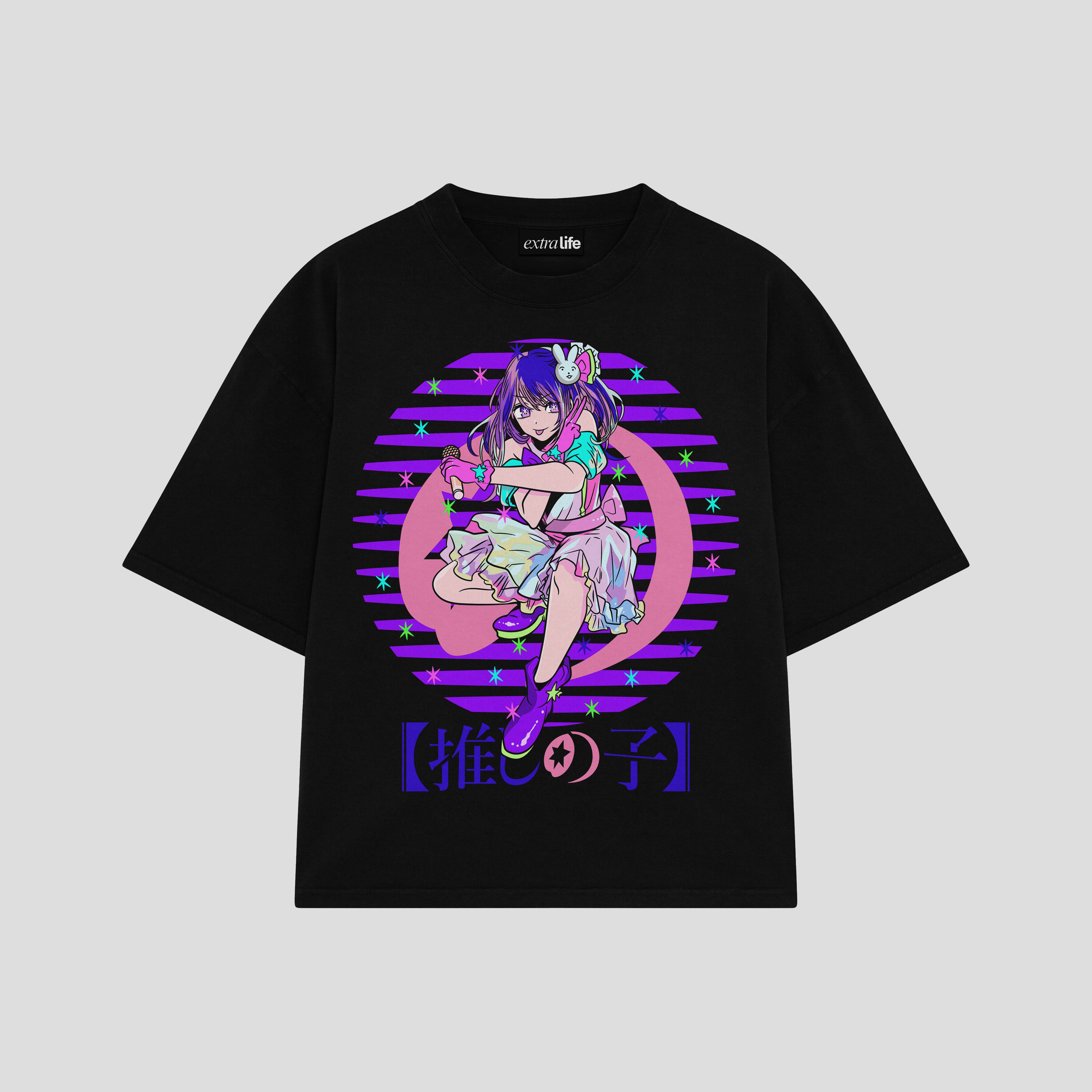 Playera streetwear premium de anime y gaming ExtraLife MX, corte boxy oversized drop shoulder heavyweight en color Deep Black y Off-White, moda urbana mexicana de culto.
