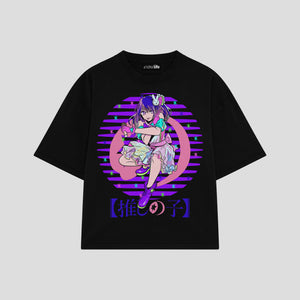 Playera streetwear premium de anime y gaming ExtraLife MX, corte boxy oversized drop shoulder heavyweight en color Deep Black y Off-White, moda urbana mexicana de culto.