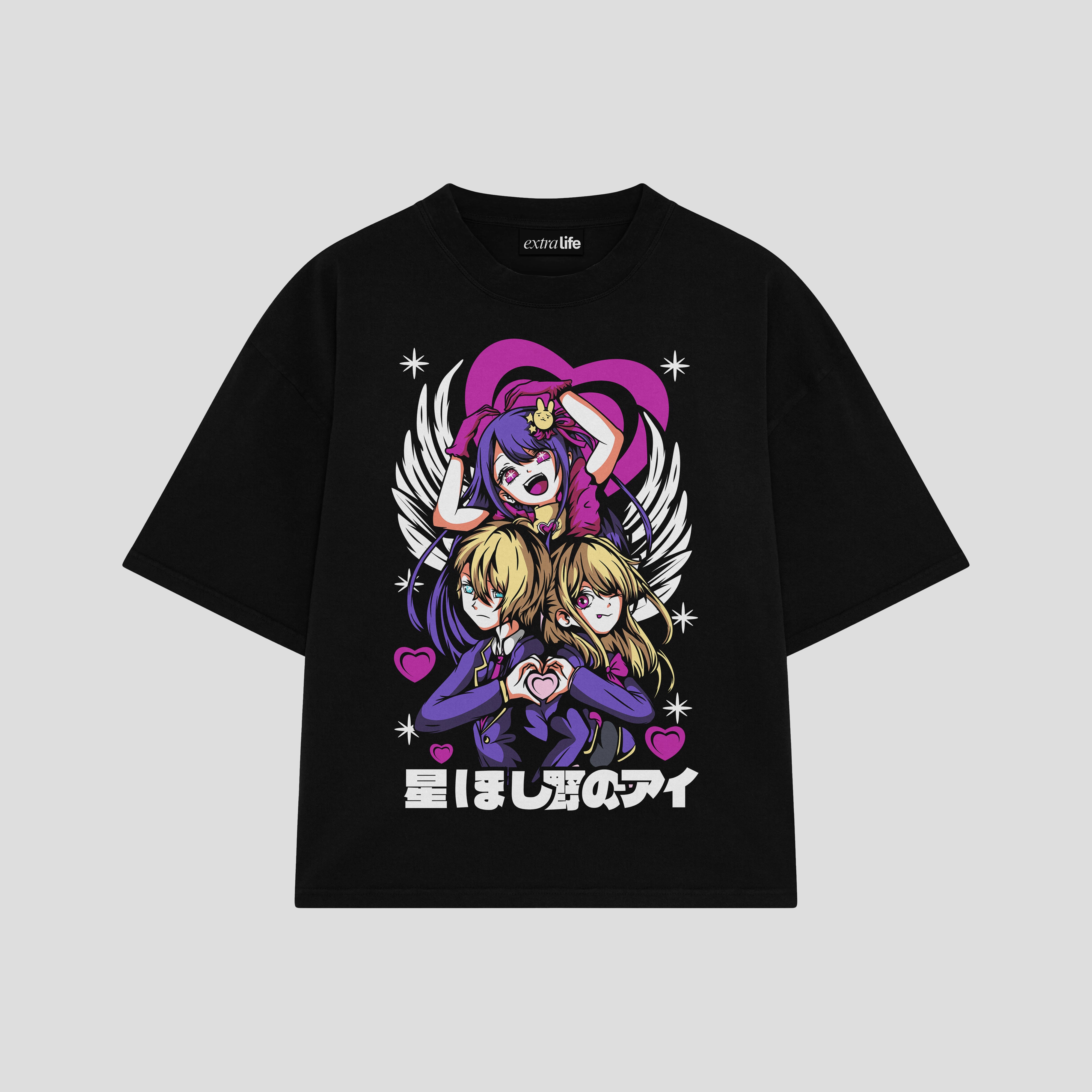 Playera streetwear premium de anime y gaming ExtraLife MX, corte boxy oversized drop shoulder heavyweight en color Deep Black y Off-White, moda urbana mexicana de culto.