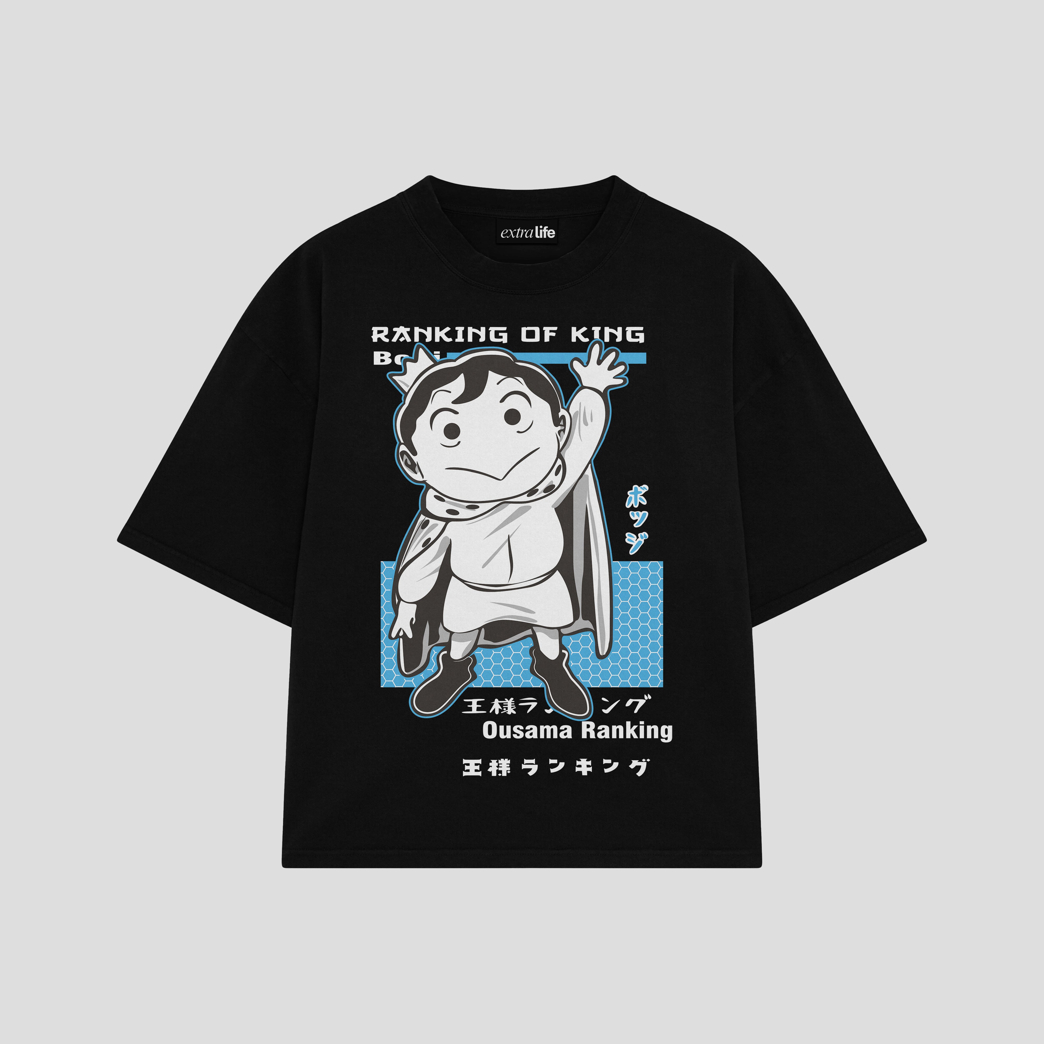 Playera streetwear premium de anime y gaming ExtraLife MX, corte boxy oversized drop shoulder heavyweight en color Deep Black y Off-White, moda urbana mexicana de culto.