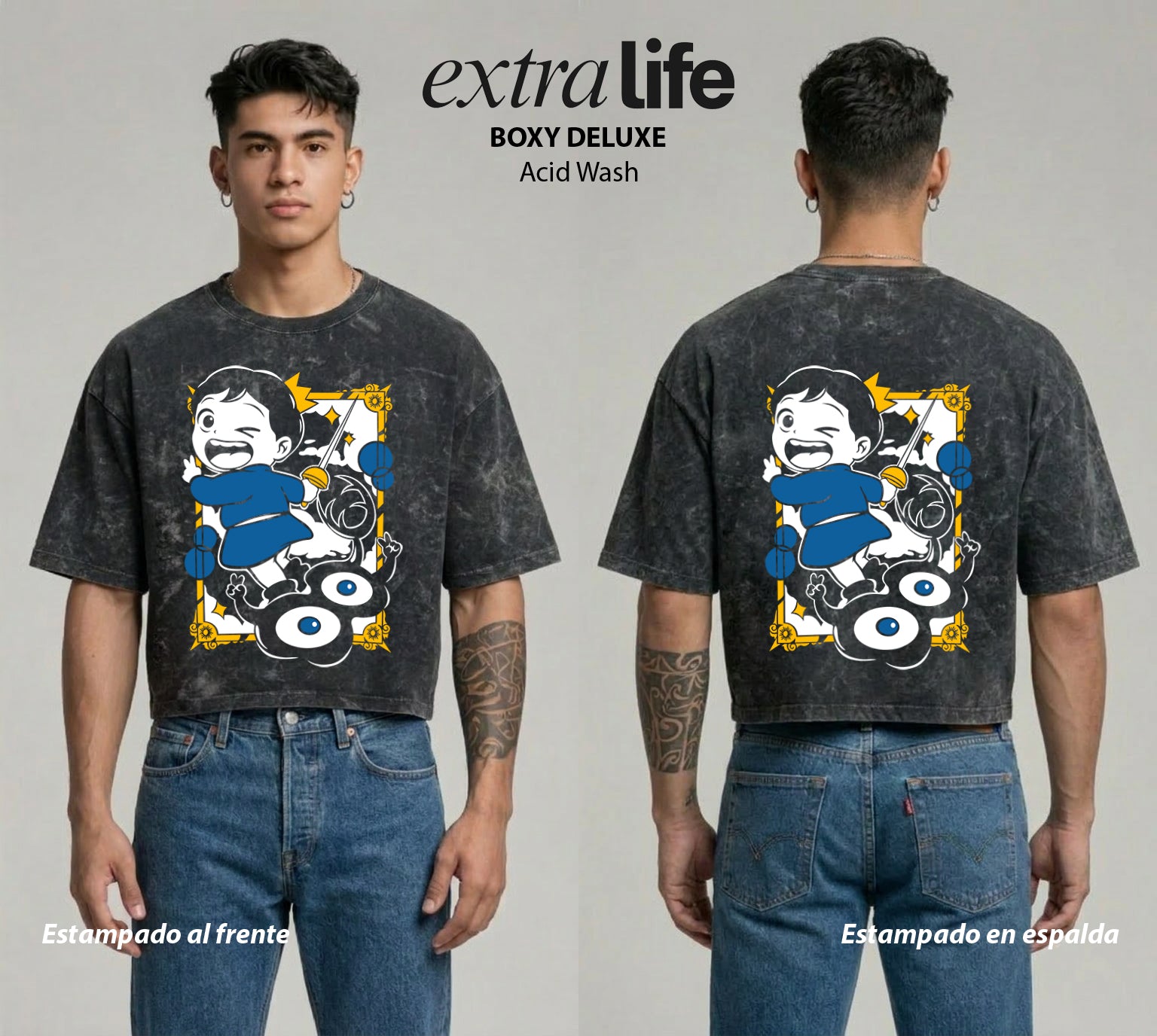 Playera streetwear premium de anime y gaming ExtraLife MX, corte boxy deluxe mineral wash heavyweight en color Acid Wash, moda urbana mexicana de culto.