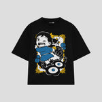 Playera streetwear premium de anime y gaming ExtraLife MX, corte boxy oversized drop shoulder heavyweight en color Deep Black y Off-White, moda urbana mexicana de culto.
