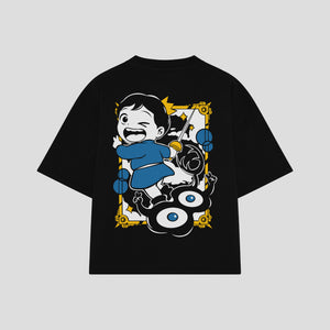 Playera streetwear premium de anime y gaming ExtraLife MX, corte boxy oversized drop shoulder heavyweight en color Deep Black y Off-White, moda urbana mexicana de culto.
