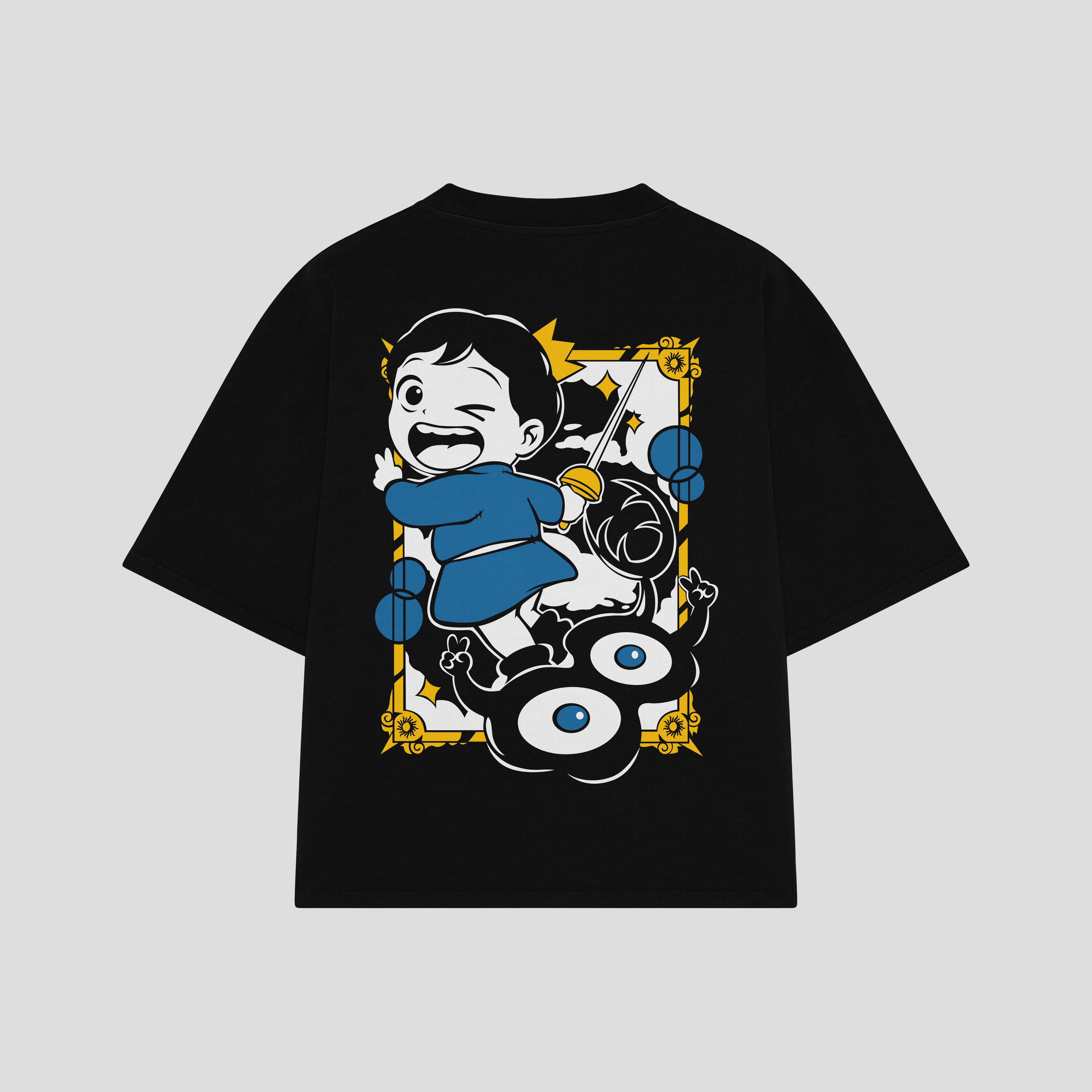 Playera streetwear premium de anime y gaming ExtraLife MX, corte boxy oversized drop shoulder heavyweight en color Deep Black y Off-White, moda urbana mexicana de culto.