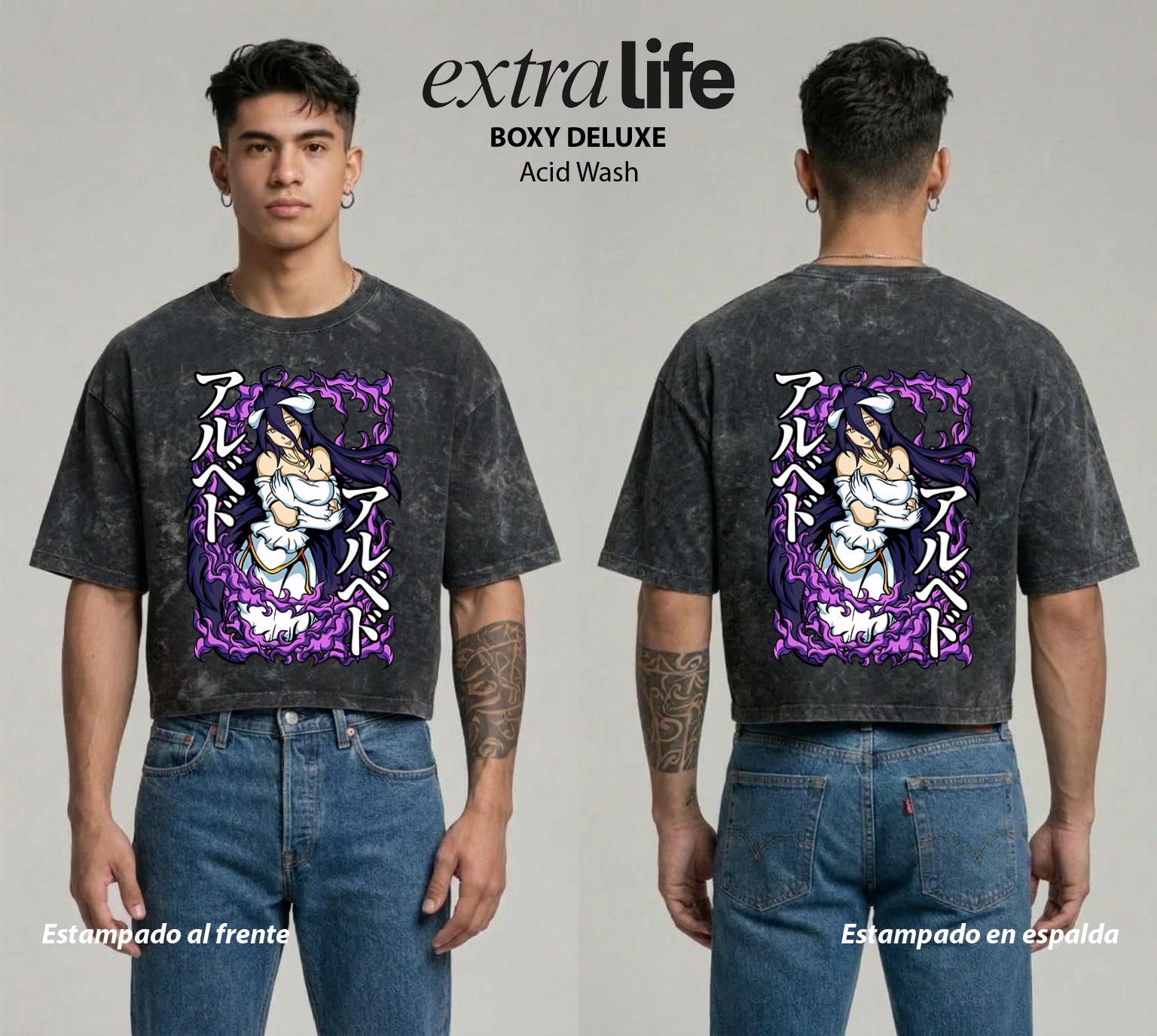 Playera streetwear premium de anime y gaming ExtraLife MX, corte boxy deluxe mineral wash heavyweight en color Acid Wash, moda urbana mexicana de culto.
