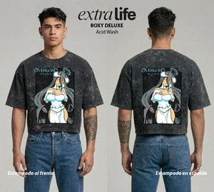 Playera streetwear premium de anime y gaming ExtraLife MX, corte boxy deluxe mineral wash heavyweight en color Acid Wash, moda urbana mexicana de culto.