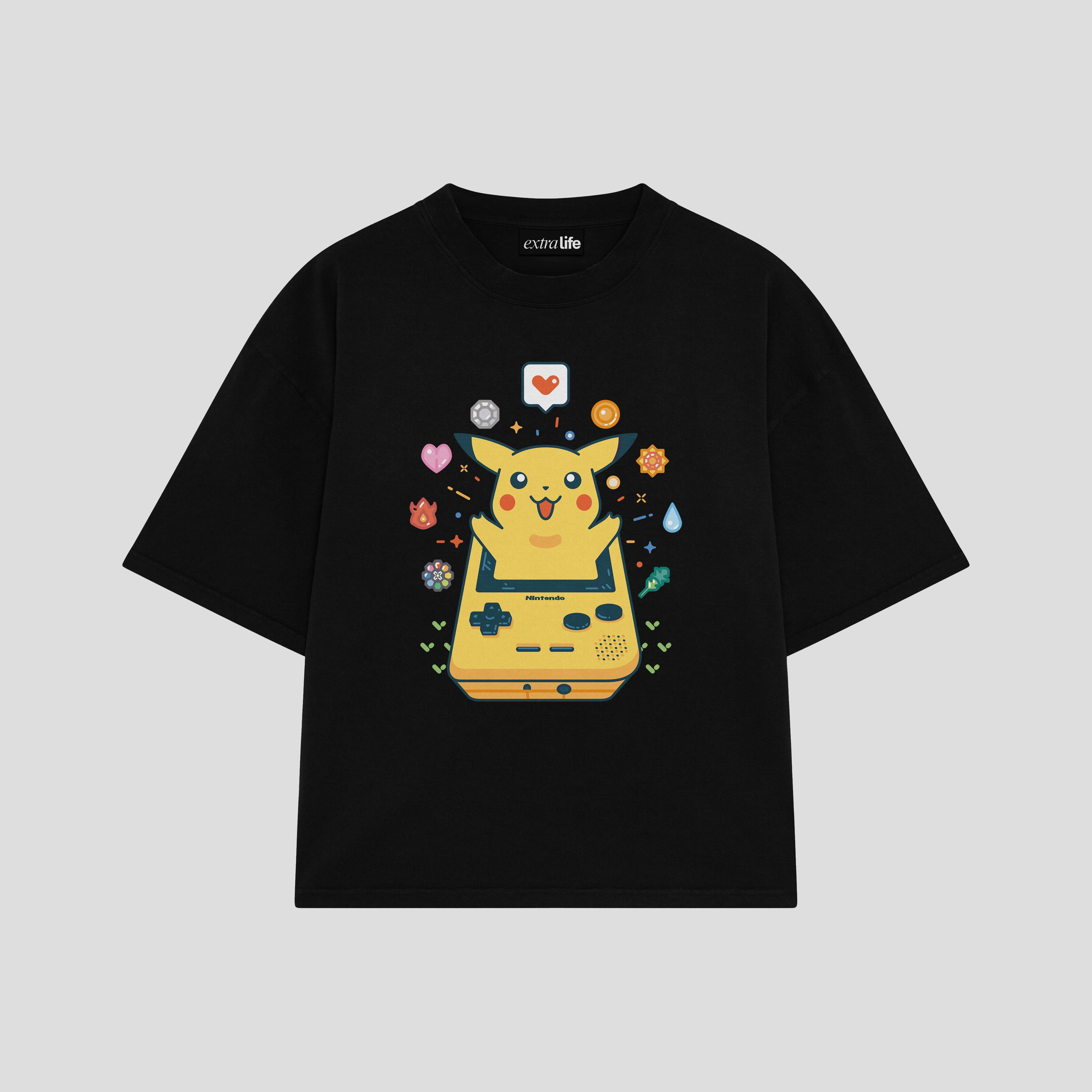 Playera streetwear premium de anime y gaming ExtraLife MX, corte boxy oversized drop shoulder heavyweight en color Deep Black y Off-White, moda urbana mexicana de culto.