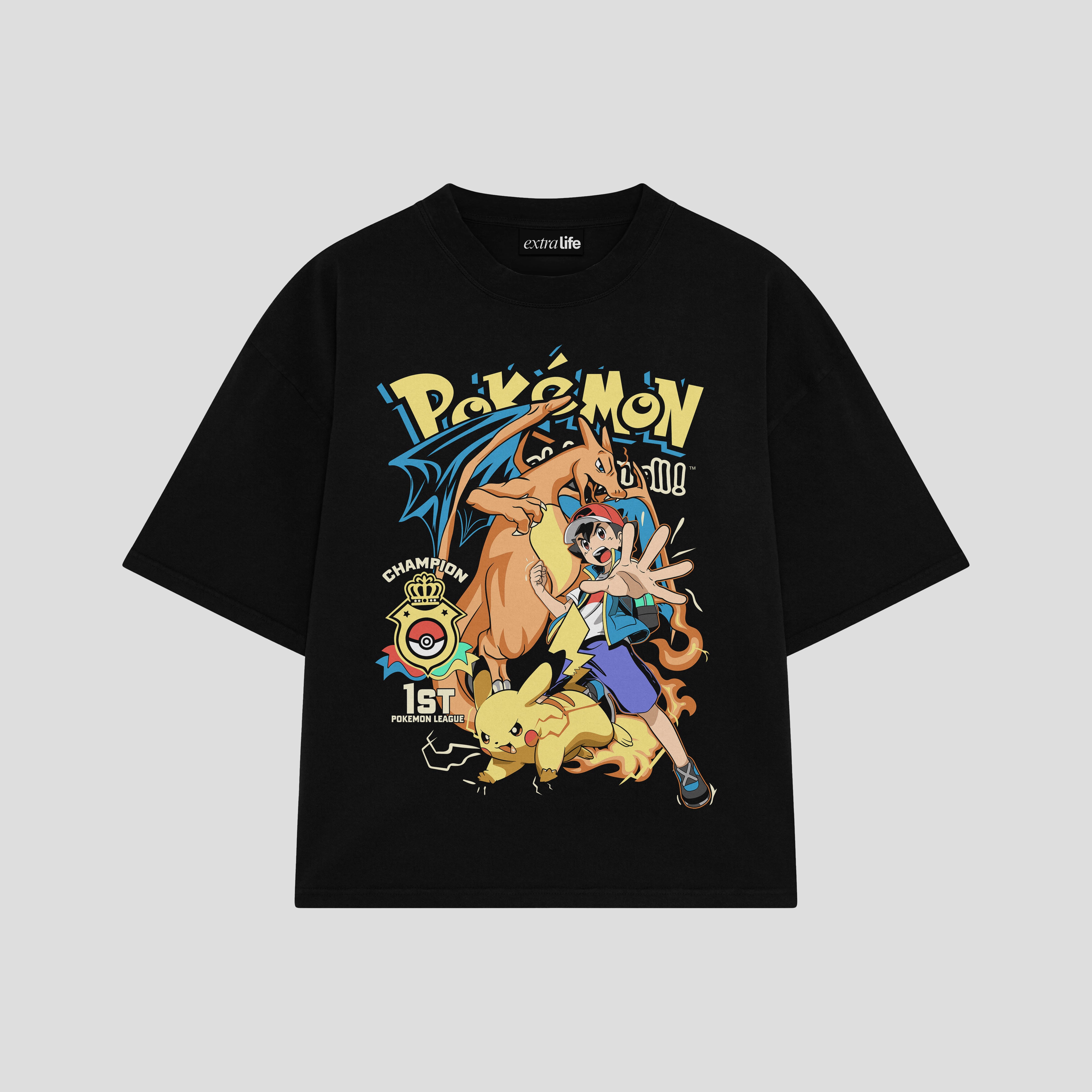 Playera streetwear premium de anime y gaming ExtraLife MX, corte boxy oversized drop shoulder heavyweight en color Deep Black y Off-White, moda urbana mexicana de culto.