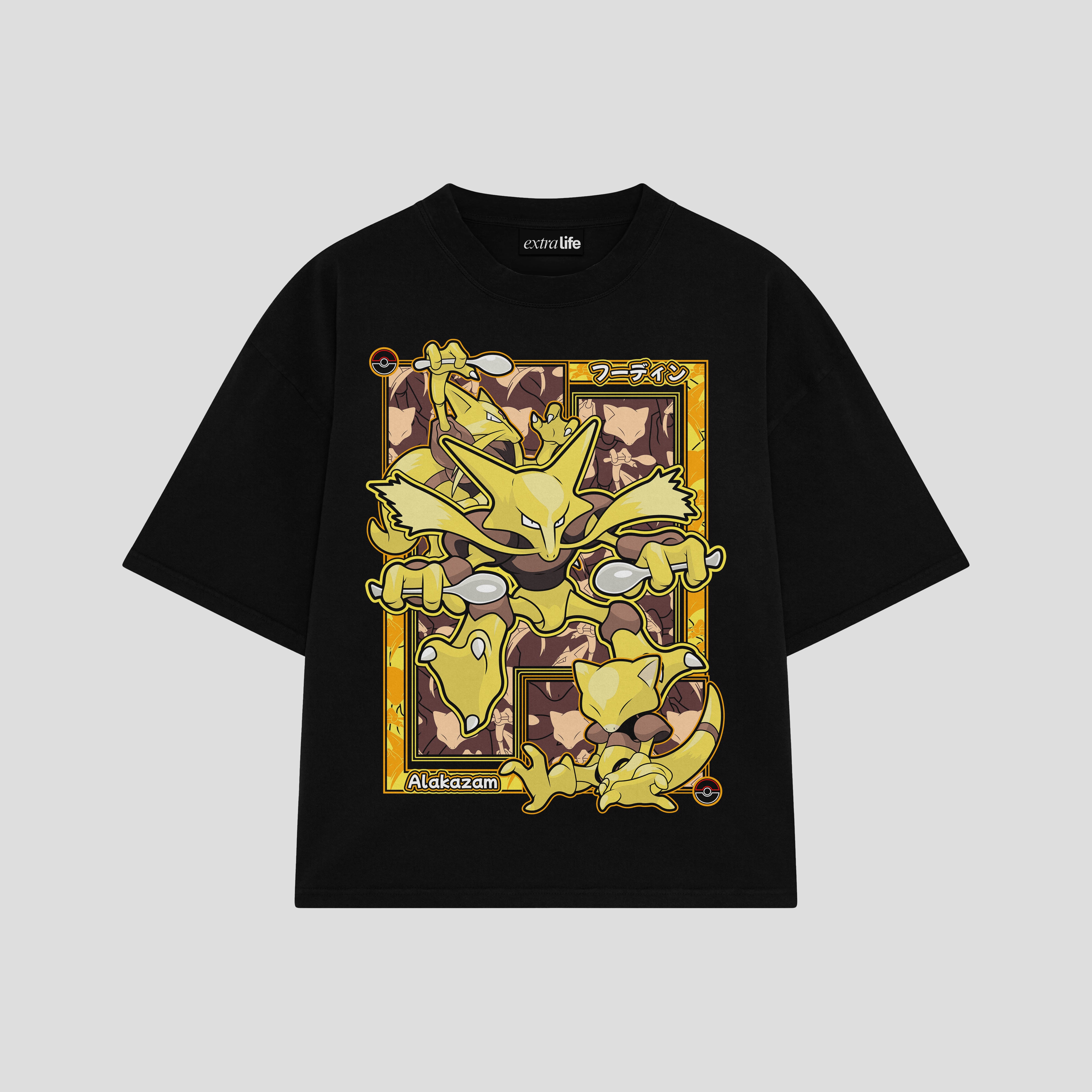 Playera streetwear premium de anime y gaming ExtraLife MX, corte boxy oversized drop shoulder heavyweight en color Deep Black y Off-White, moda urbana mexicana de culto.
