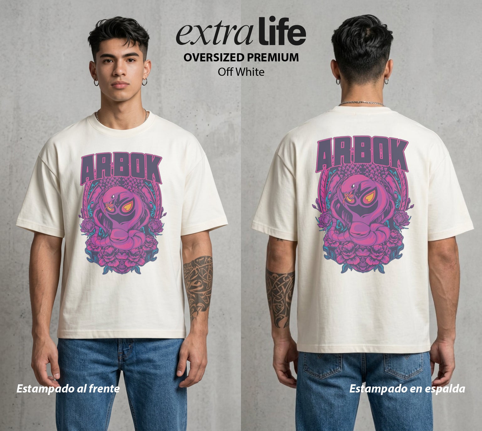 El Mundo Entrenador | La Cobra del Veneno #03455 - Playera Oversized Premium | Off White - Foto en modelo