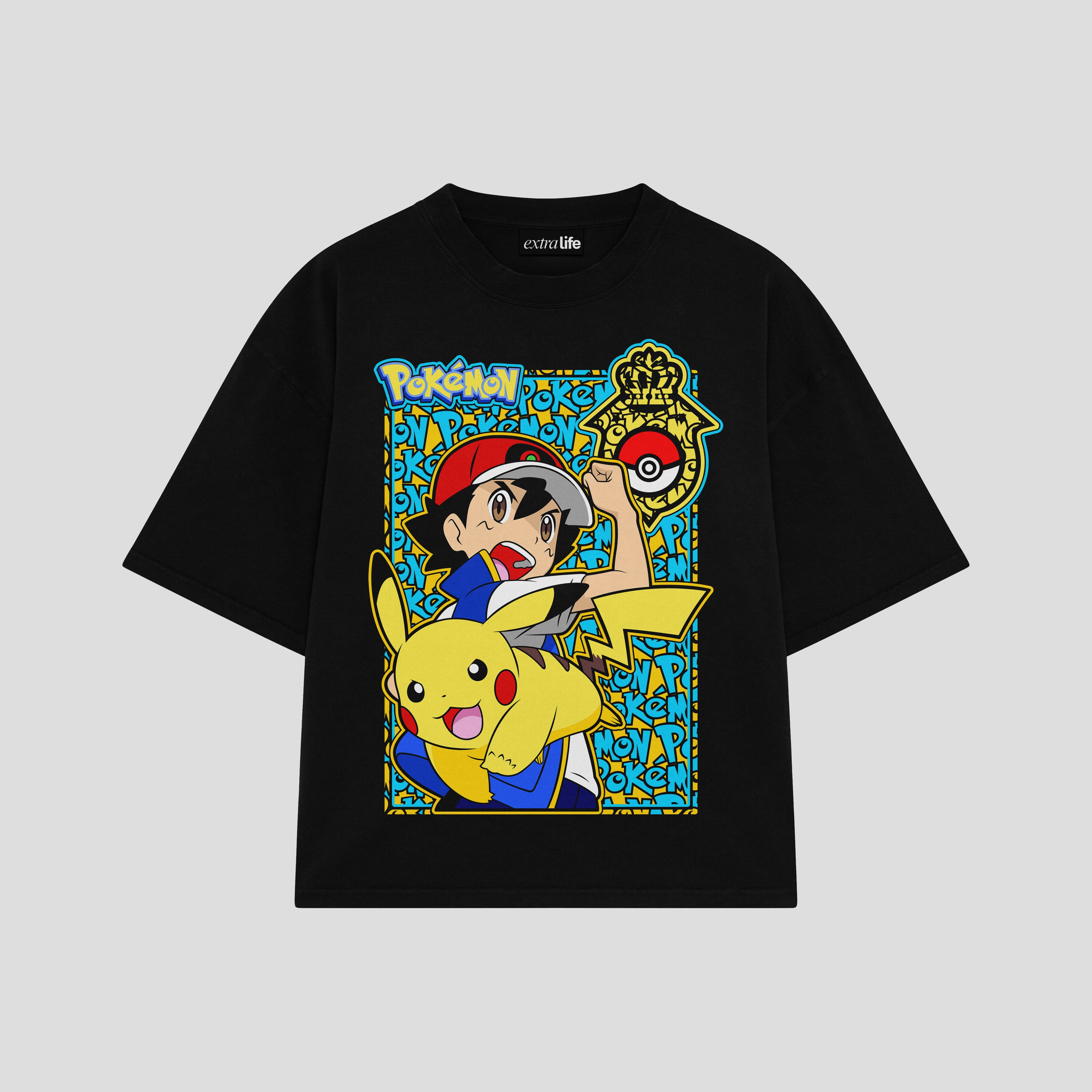 Playera streetwear premium de anime y gaming ExtraLife MX, corte boxy oversized drop shoulder heavyweight en color Deep Black y Off-White, moda urbana mexicana de culto.