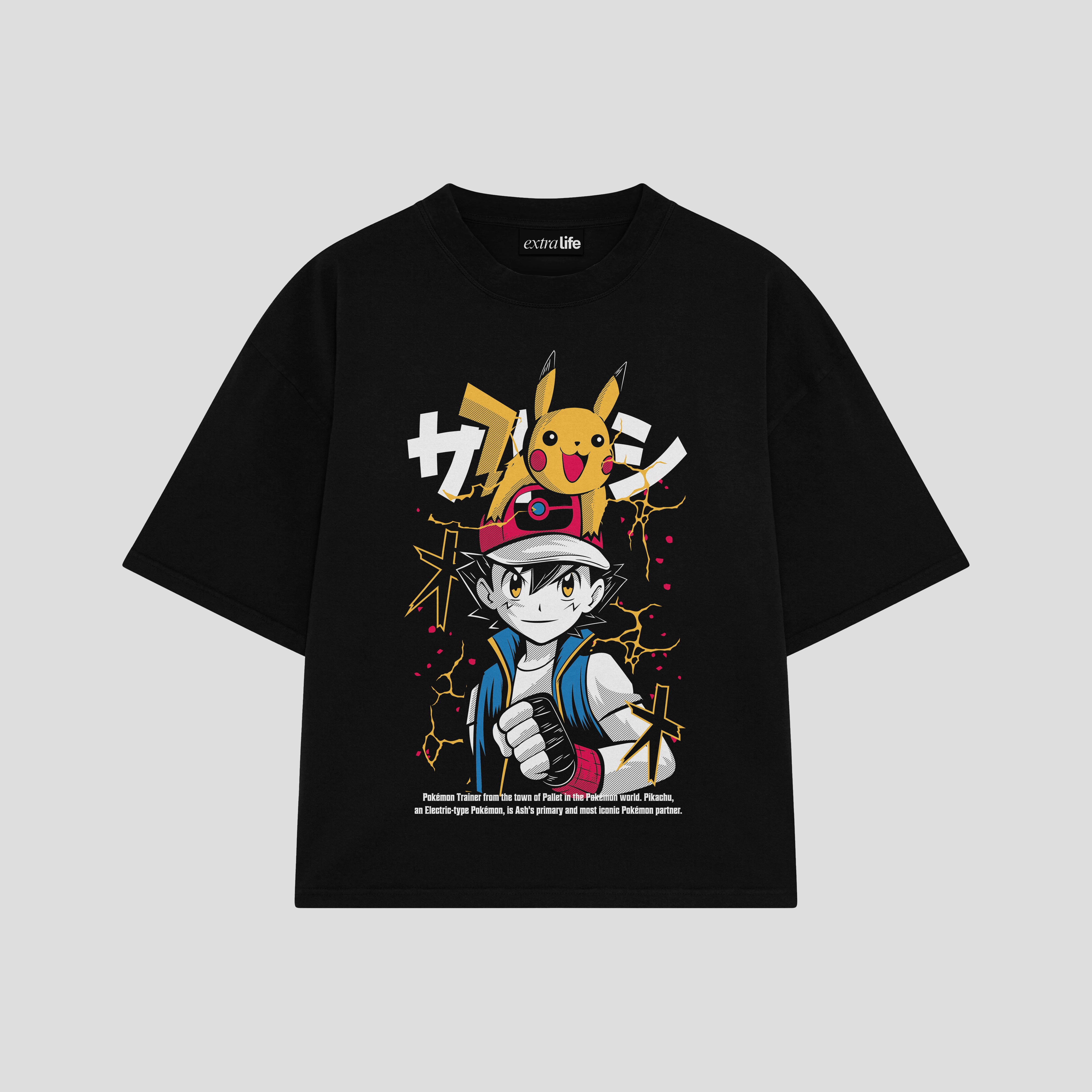 Playera streetwear premium de anime y gaming ExtraLife MX, corte boxy oversized drop shoulder heavyweight en color Deep Black y Off-White, moda urbana mexicana de culto.