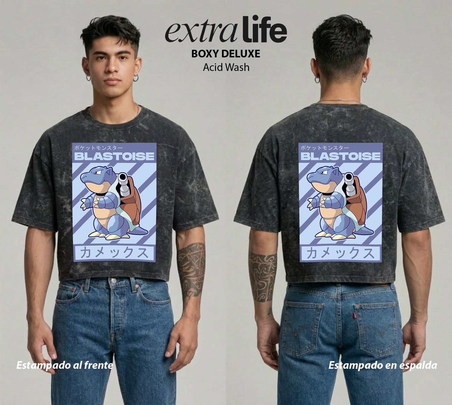 Playera streetwear premium de anime y gaming ExtraLife MX, corte boxy deluxe mineral wash heavyweight en color Acid Wash, moda urbana mexicana de culto.