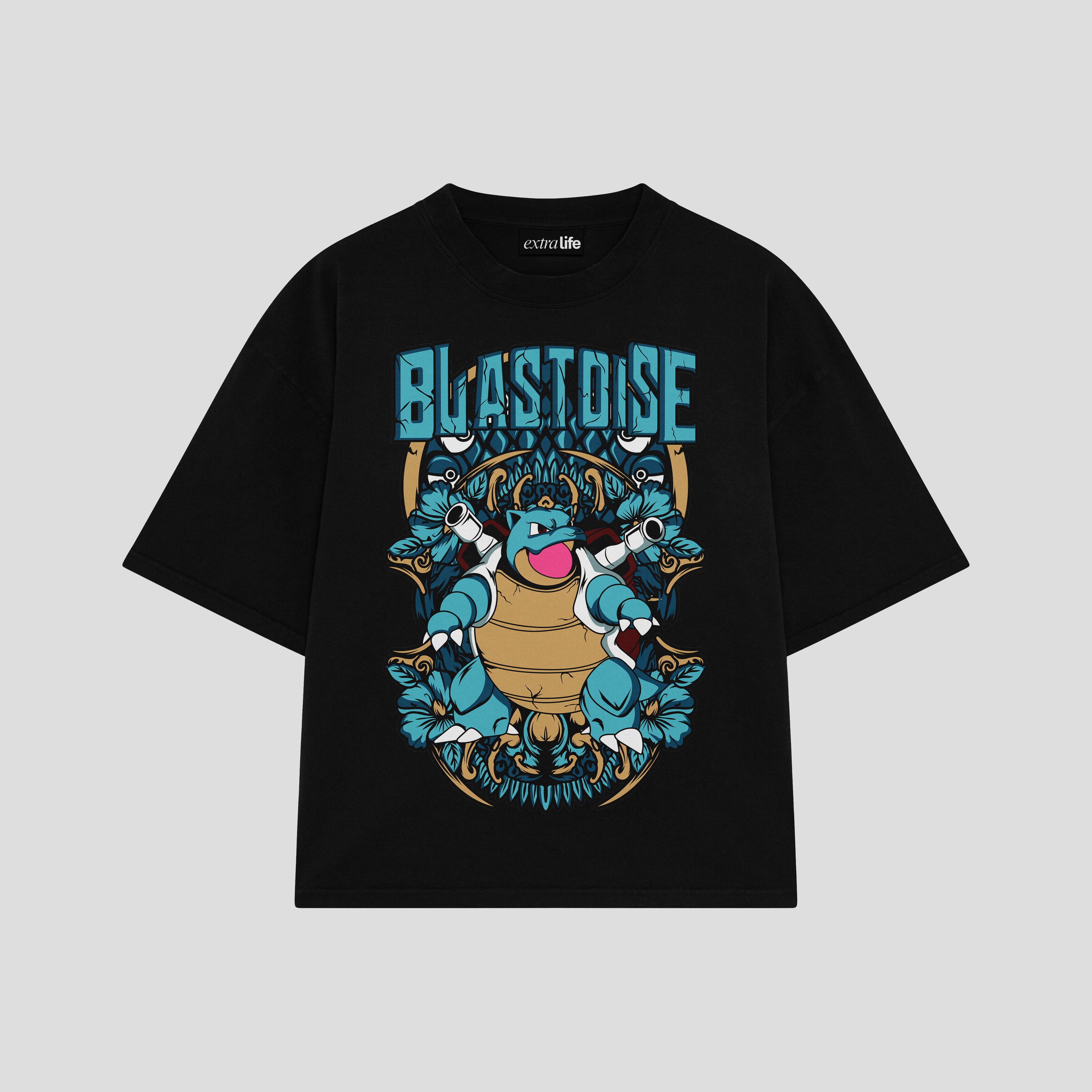 Playera streetwear premium de anime y gaming ExtraLife MX, corte boxy oversized drop shoulder heavyweight en color Deep Black y Off-White, moda urbana mexicana de culto.