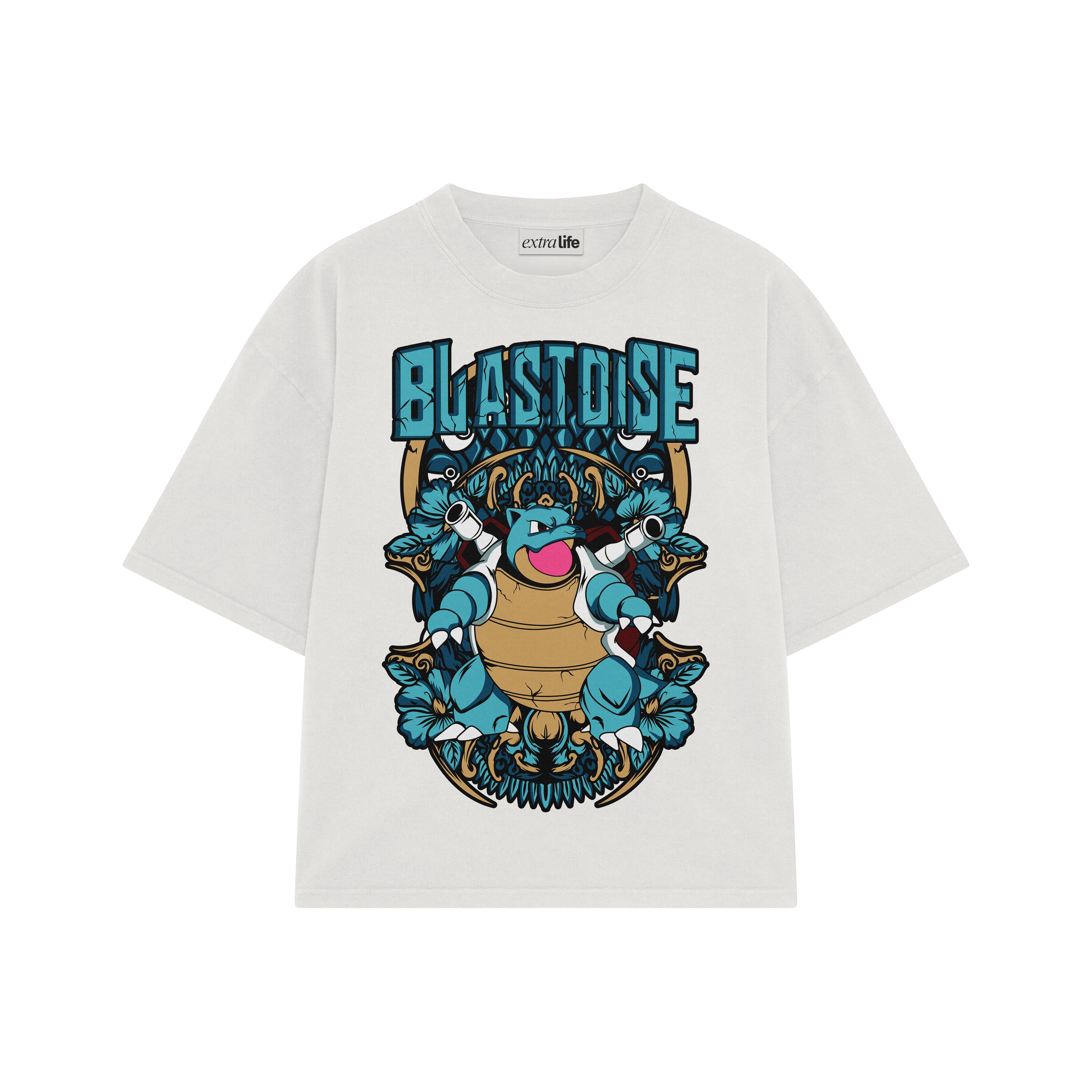 Playera streetwear premium de anime y gaming ExtraLife MX, corte boxy oversized drop shoulder heavyweight en color Deep Black y Off-White, moda urbana mexicana de culto.