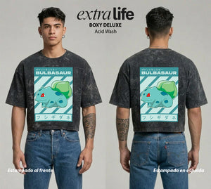 Playera streetwear premium de anime y gaming ExtraLife MX, corte boxy deluxe mineral wash heavyweight en color Acid Wash, moda urbana mexicana de culto.