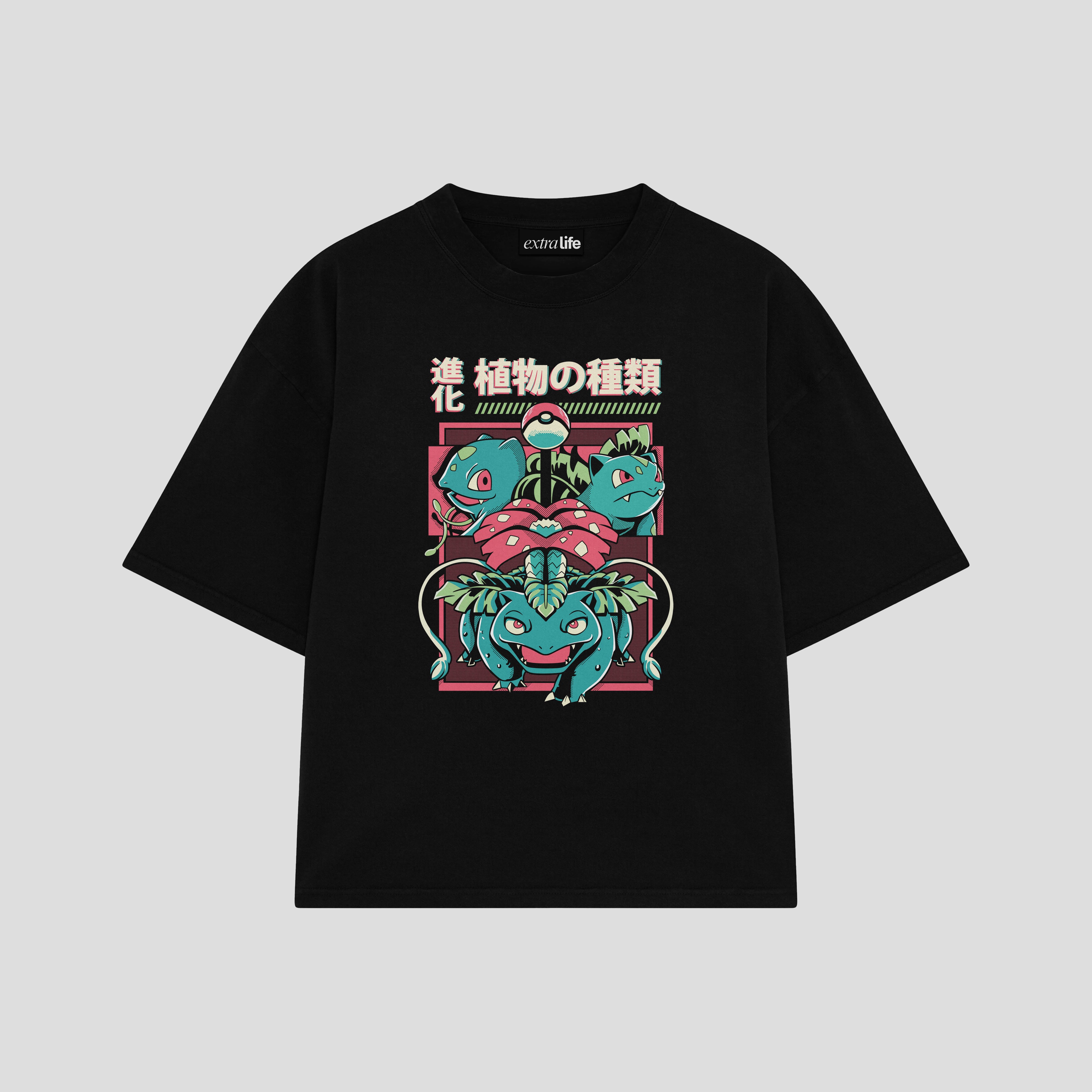 Playera streetwear premium de anime y gaming ExtraLife MX, corte boxy oversized drop shoulder heavyweight en color Deep Black y Off-White, moda urbana mexicana de culto.
