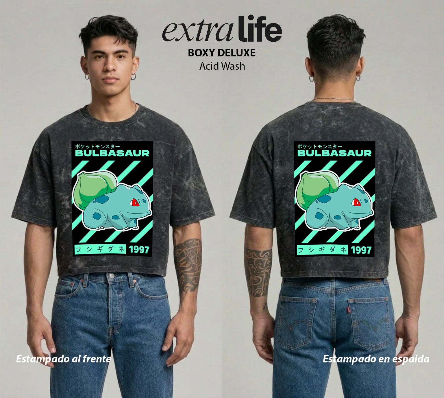 Playera streetwear premium de anime y gaming ExtraLife MX, corte boxy deluxe mineral wash heavyweight en color Acid Wash, moda urbana mexicana de culto.