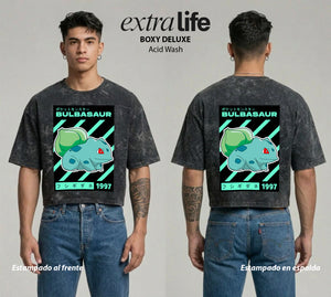 Playera streetwear premium de anime y gaming ExtraLife MX, corte boxy deluxe mineral wash heavyweight en color Acid Wash, moda urbana mexicana de culto.