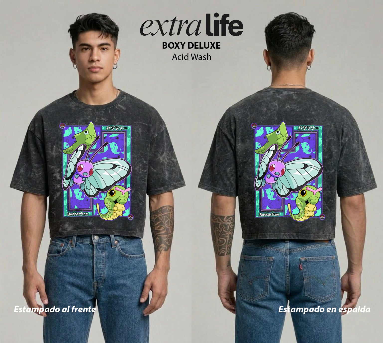 Playera streetwear premium de anime y gaming ExtraLife MX, corte boxy deluxe mineral wash heavyweight en color Acid Wash, moda urbana mexicana de culto.