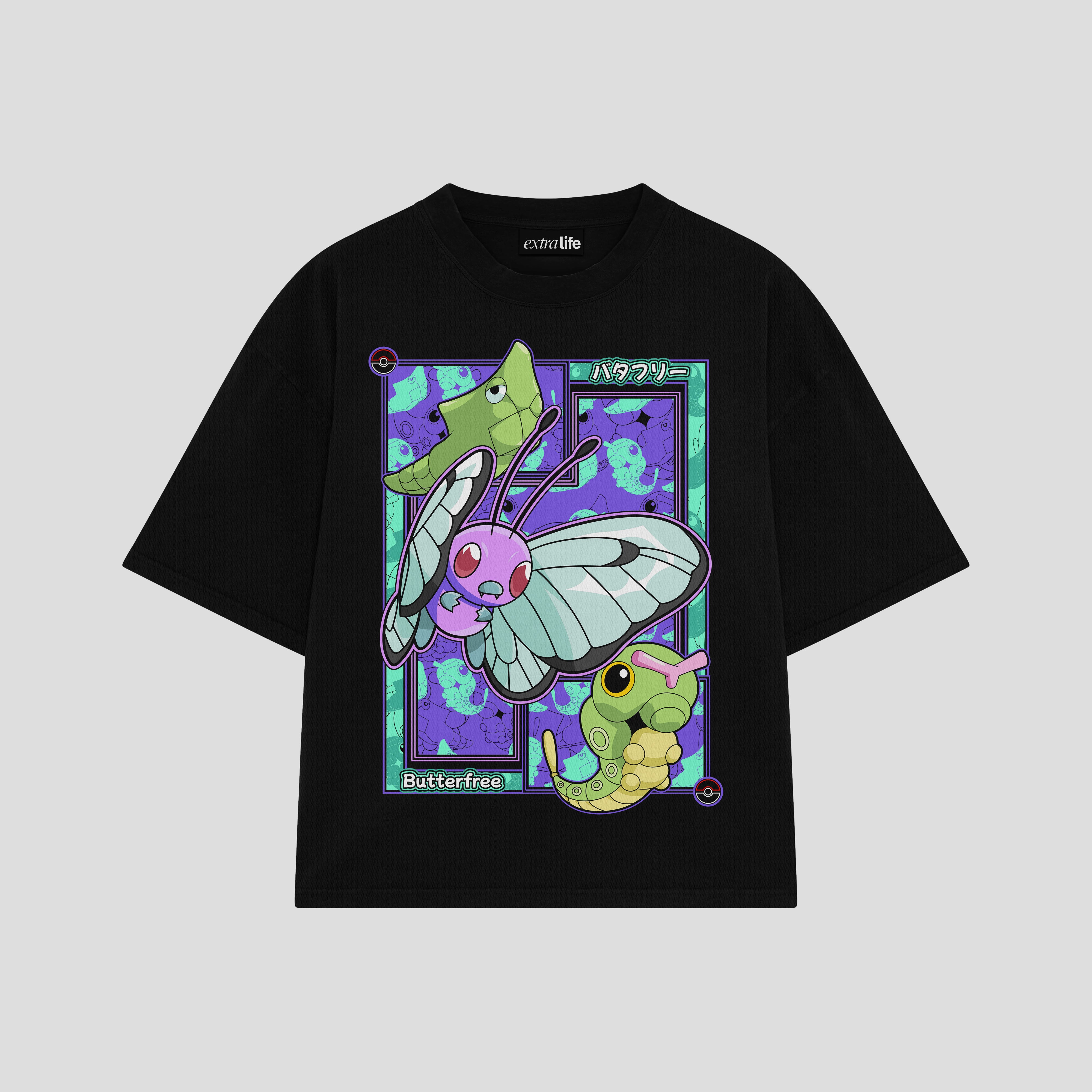 Playera streetwear premium de anime y gaming ExtraLife MX, corte boxy oversized drop shoulder heavyweight en color Deep Black y Off-White, moda urbana mexicana de culto.