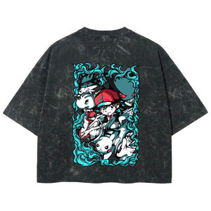 Playera streetwear premium de anime y gaming ExtraLife MX, corte boxy deluxe mineral wash heavyweight en color Acid Wash, moda urbana mexicana de culto.